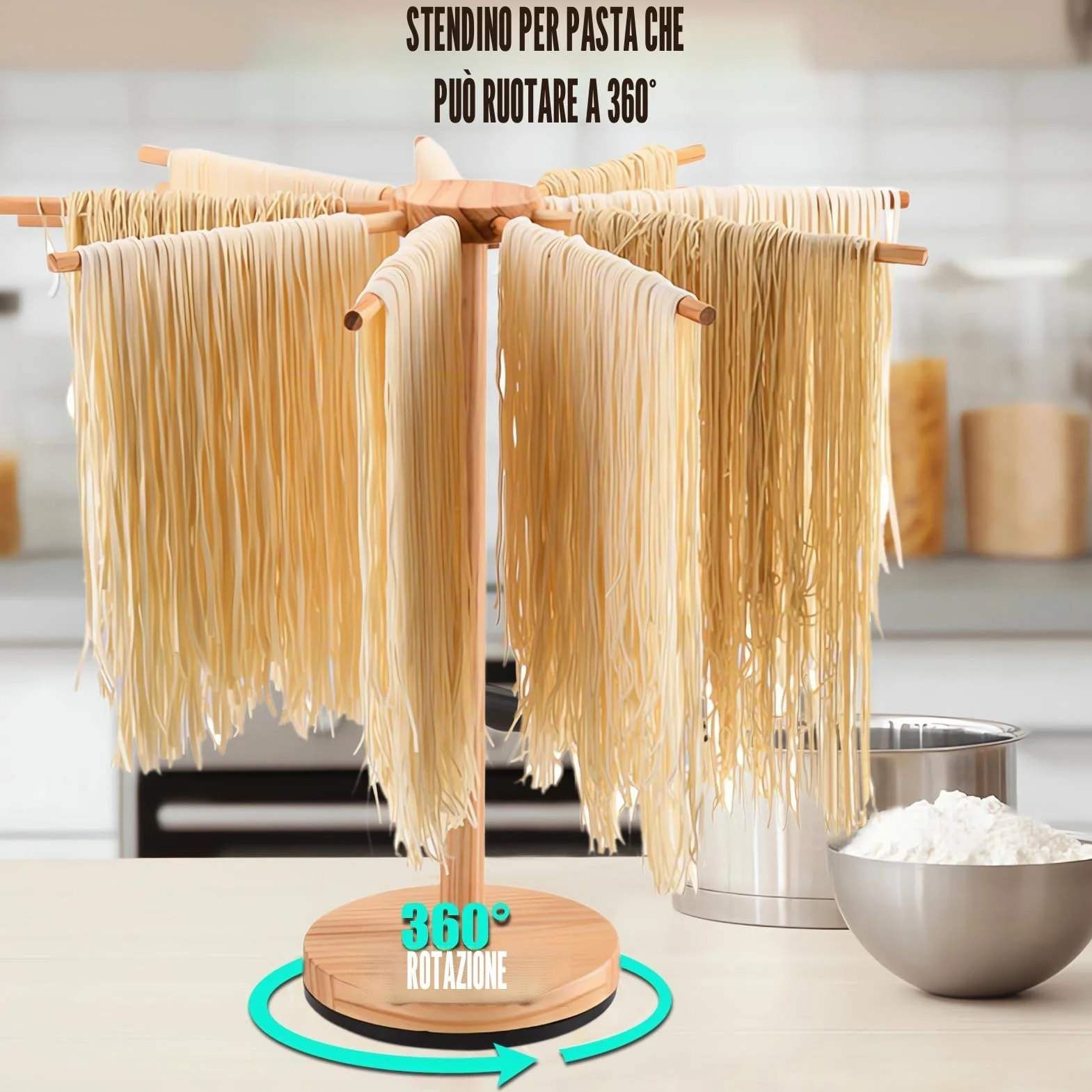 Stendino Pasta Fresca Girevole Pieghevole, Essiccatore Pasta in Legno