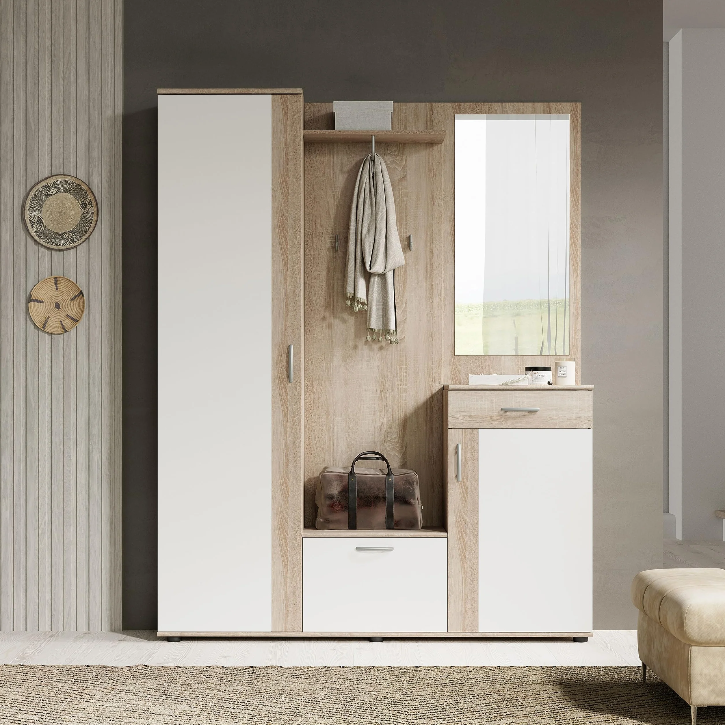 Stella Trading, PATENT Set mobili da ingresso in rovere sonoma, bianco, moderno con specchio, 145 x 184 x 29 cm