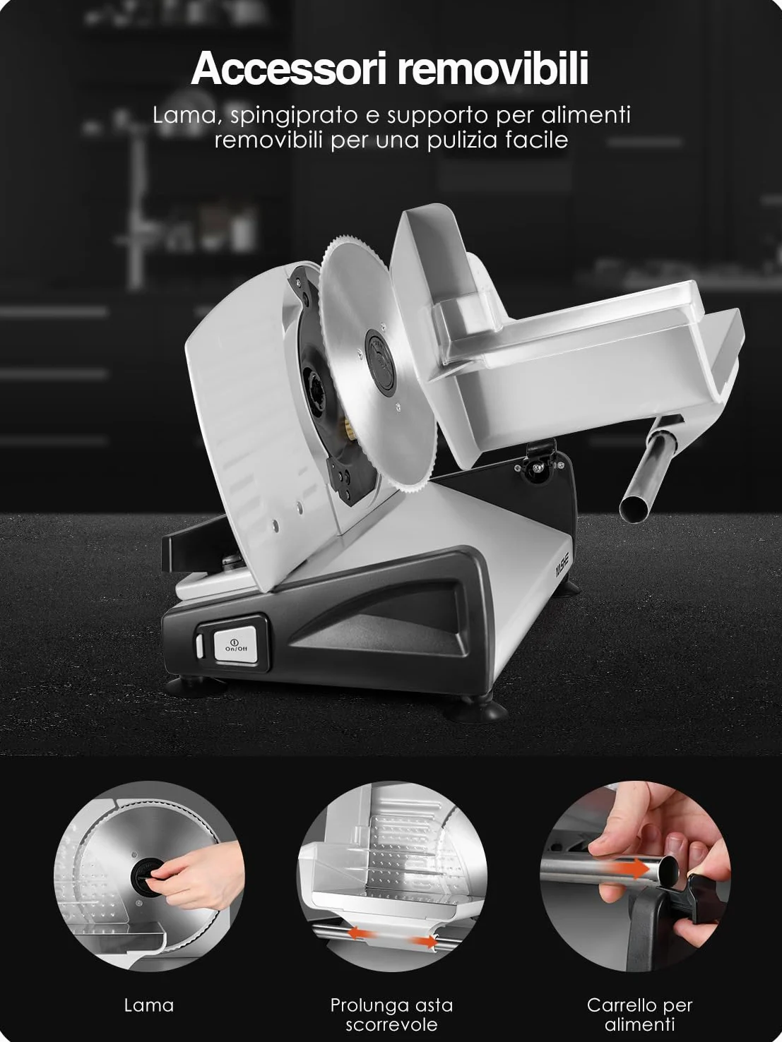 YASHE SL-518 Affettatrice Elettrica da Casa - Affettatrice Professionale 250W con Spessore Regolabile da 0 a 15mm, 2 Lame Rimovibili in Acciaio Inox da 19cm, Blocco di Sicurezza e Piedini a Ventosa