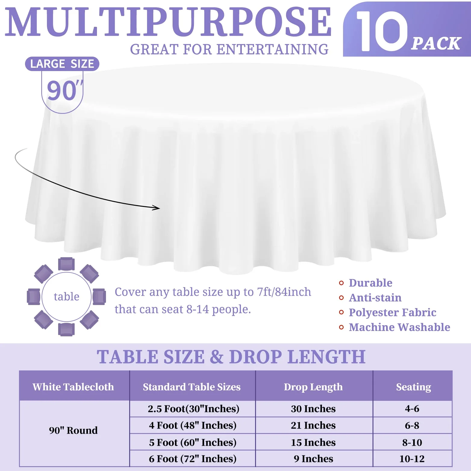 Showgeous 10 Pezzi Tovaglia Rotonda Bianca 228cm Tovaglia in Tessuto di Poliestere Copritavolo in Tessuto Lavabile per Banchetti di Nozze Ristorante Buffet Feste e Campeggio