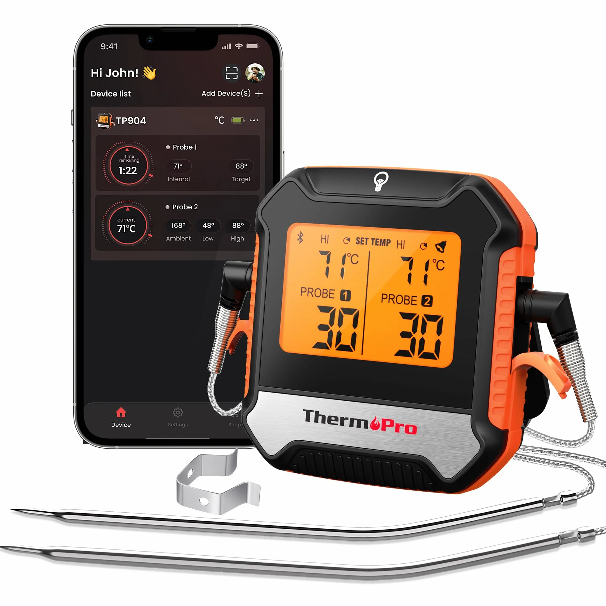 ThermoPro TempPro TP904 Termometro cucina Termometro Bluetooth per carne con 2 sonde di temperatura Termometro alimentare intelligente digitale per la cucina barbecue griglia forno affumicatore
