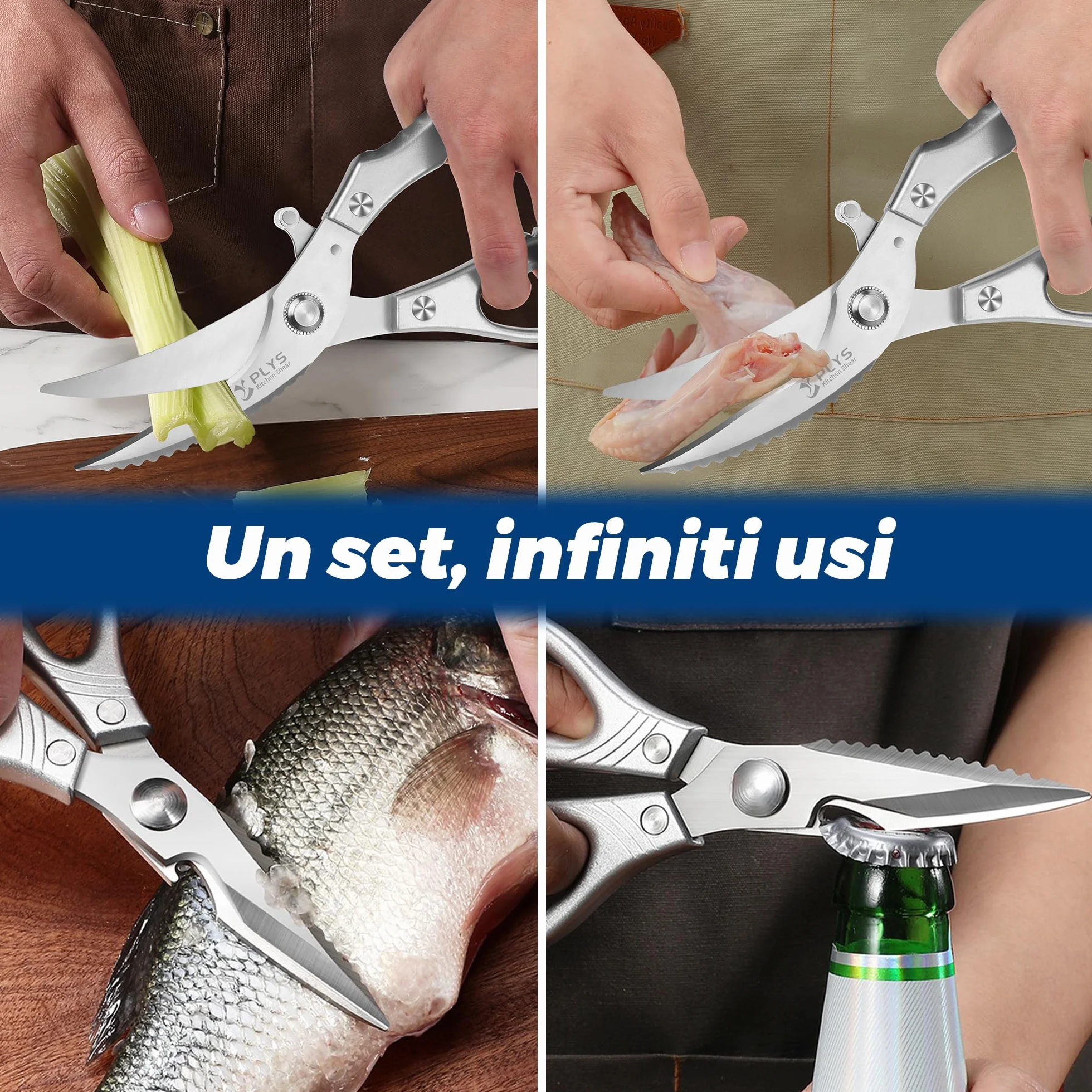 Forbici da Cucina Professionali: Set Forbici Multifunzione in Acciaio Inossidabile per Pollame, Pollo, Pesce, Verdure ed Erbe (Argento)