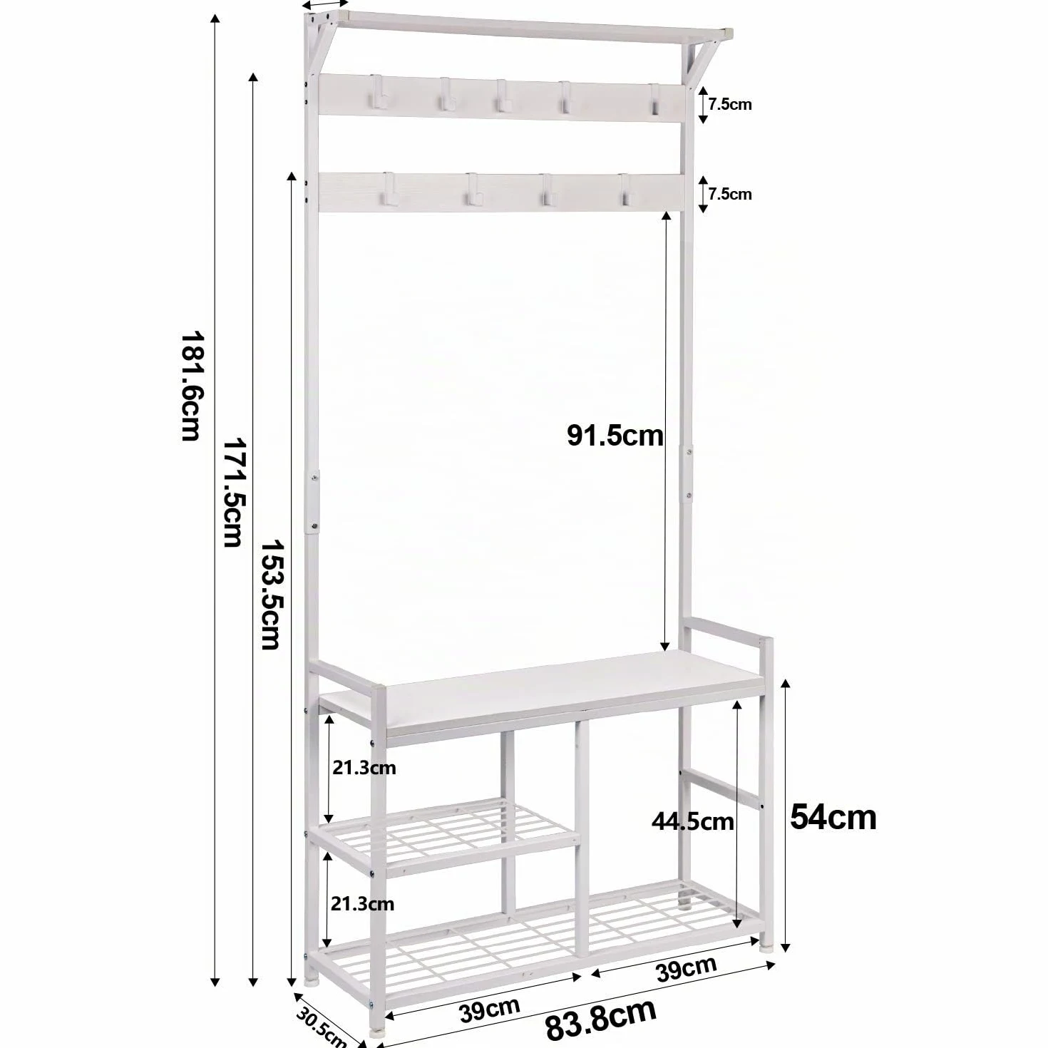 Leader Accessories Appendiabiti, Attaccapanni Autoportante, Scarpiera con Panca, Ganci Rimovibili, Mobile Ingresso Corridoio, Altezza di 183 cm, Industriale, Struttura in Metallo, Bianco