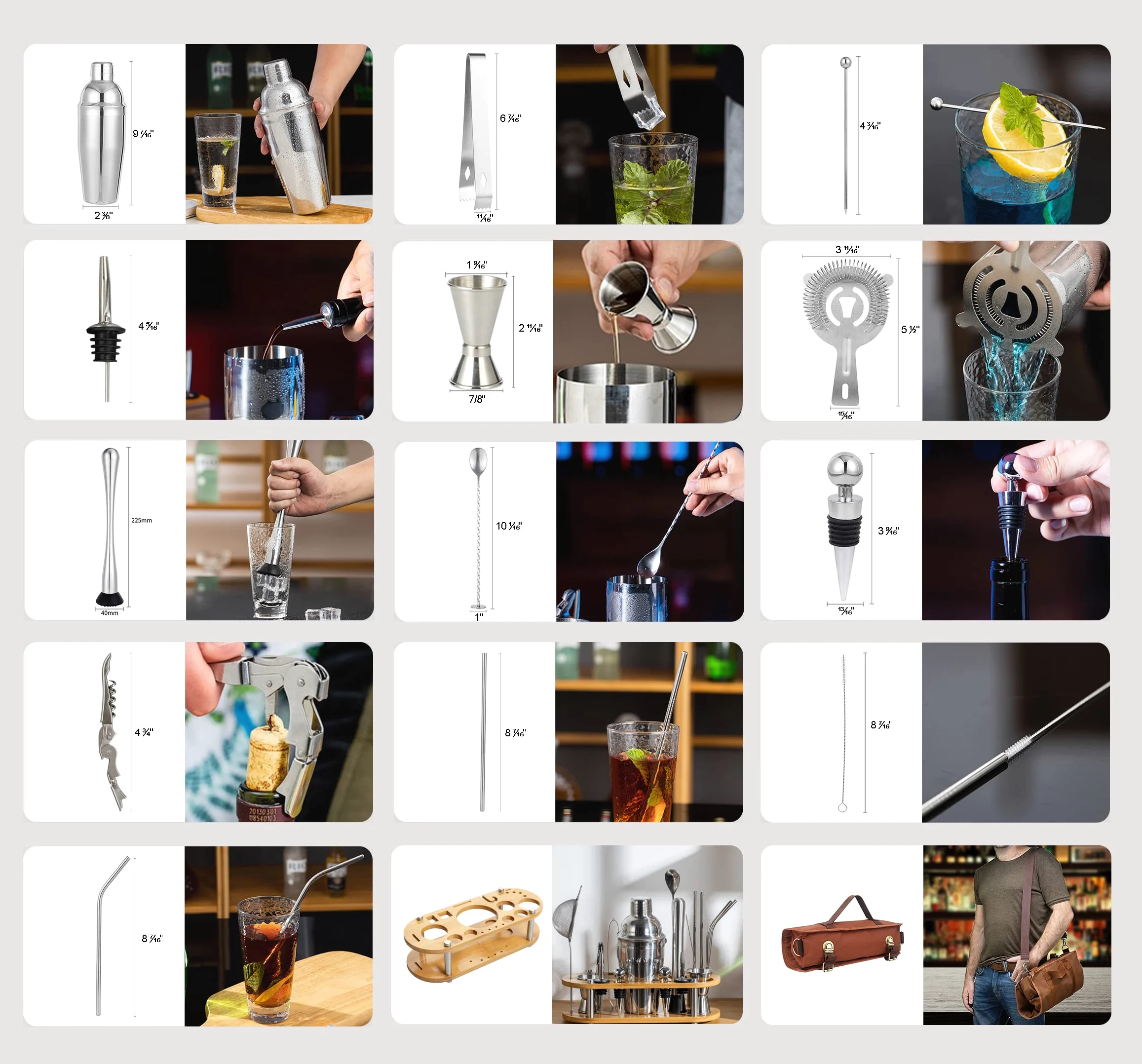 DUEBEL Kit da Barman | Set Professionale di 24 Pezzi per Mixology | con Borsa da Viaggio per Barman e Elegante Supporto in Bambù | Perfetto per Un'esperienza di Miscelazione di Bevande Eccezionale.