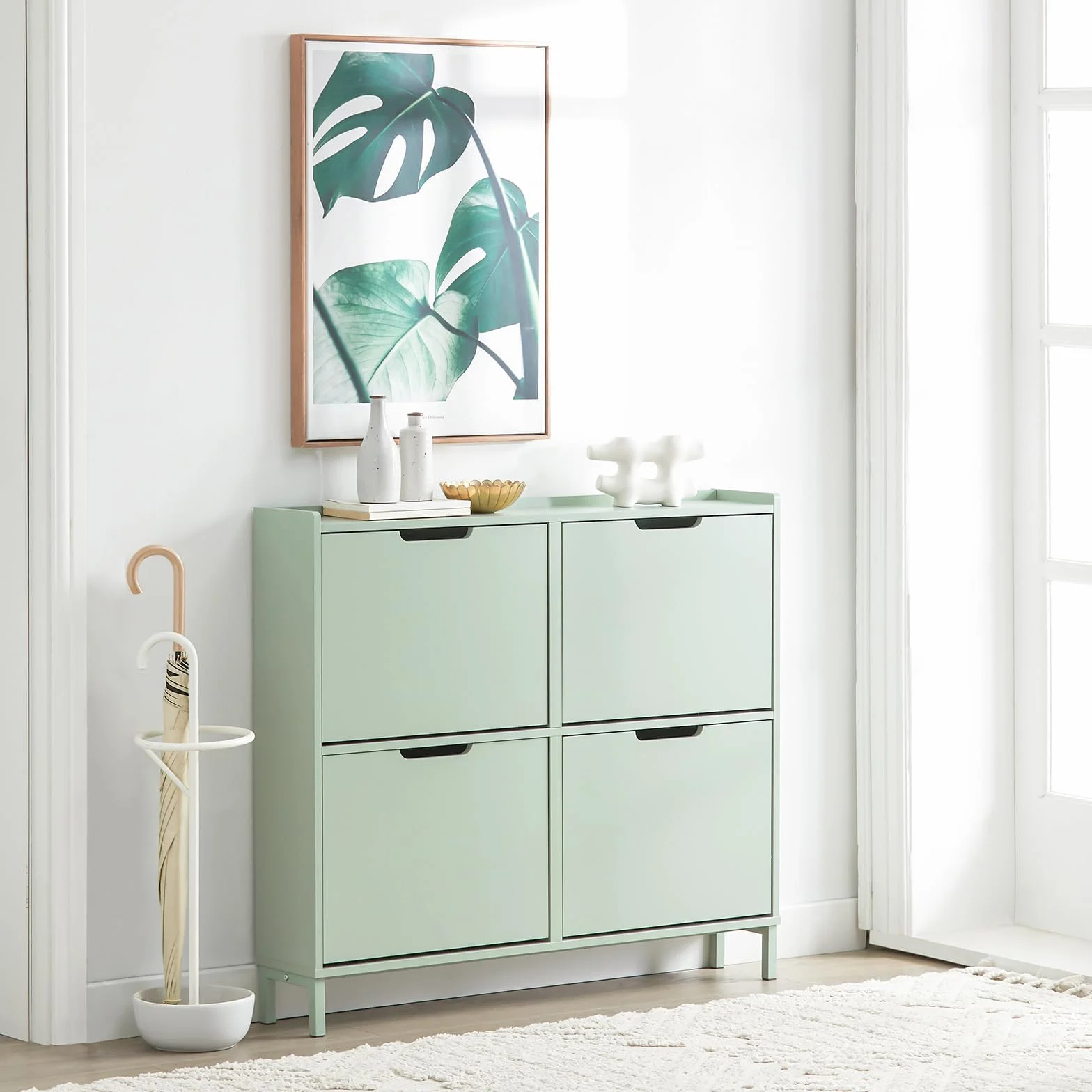 SoBuy Scarpiera Salvaspazio Slim da Ingresso Mobile Portascarpe 4 Ante a Ribalta Regolabili Legno Armadio Alta Stretta Corridoio 100x19x91 cm Verde Chiaro FSR100-GR