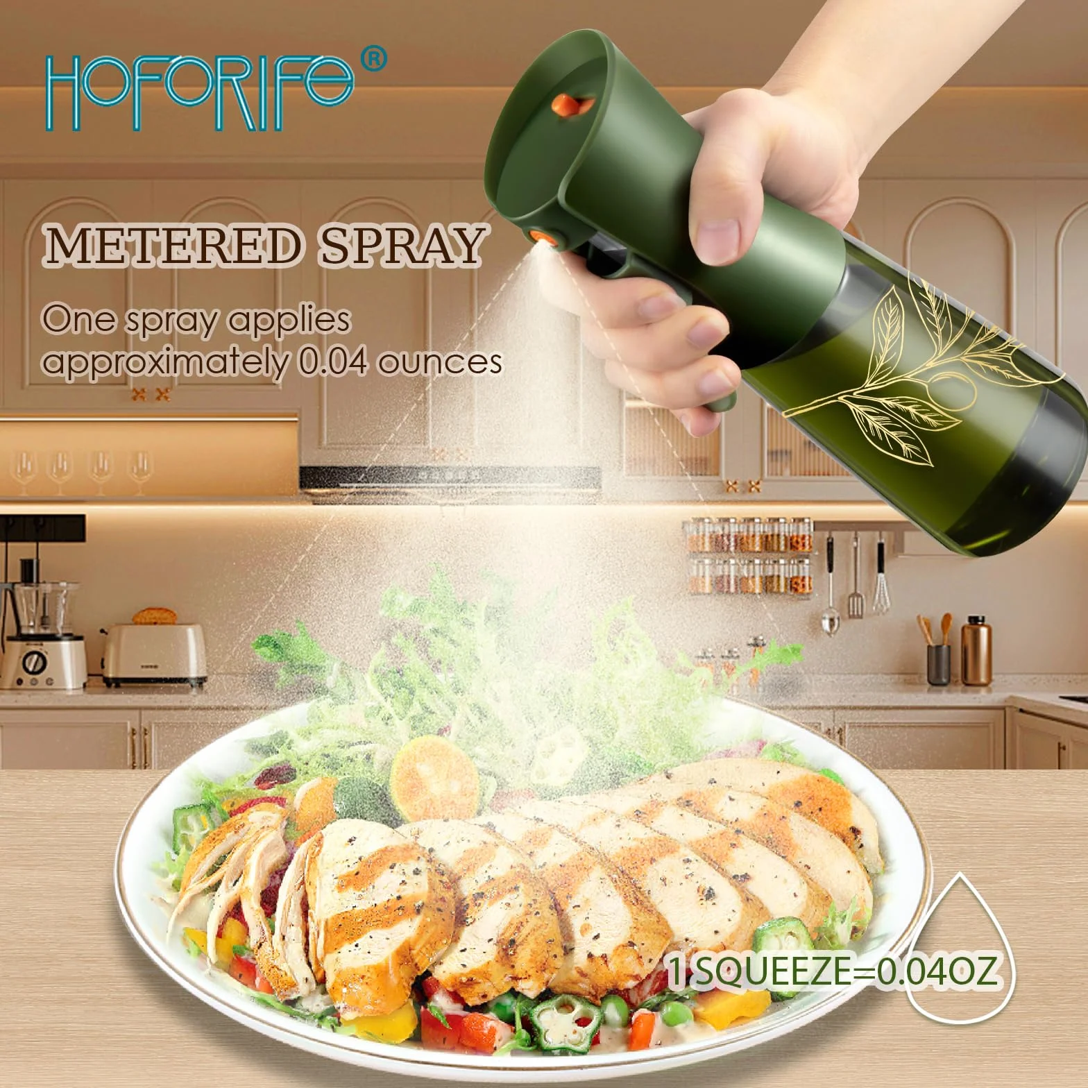 Spruzzatore di olio d'oliva in vetro per cucinare, nebulizzatore di olio spray continuo per cottura con controllo delle porzioni per cucina 200ml/7oz (bottiglia verde, stampa dorata)