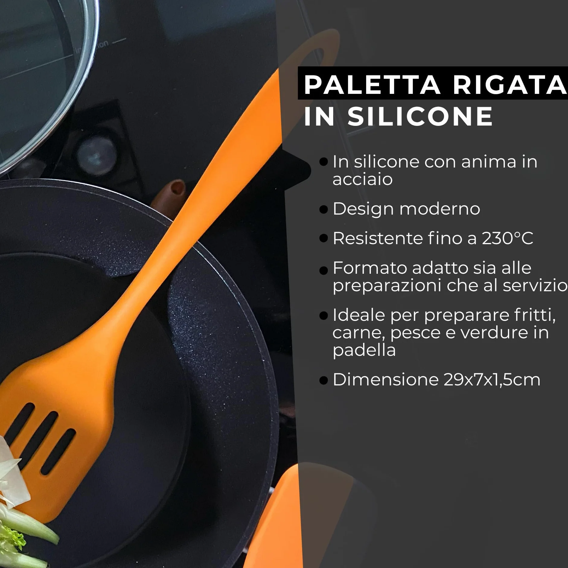 Paletta fritti forata in silicone, 29 x 7 x 1,5 cm, Soft Collection, (colore: nero o arancione), quantità: 1 pezzo.
