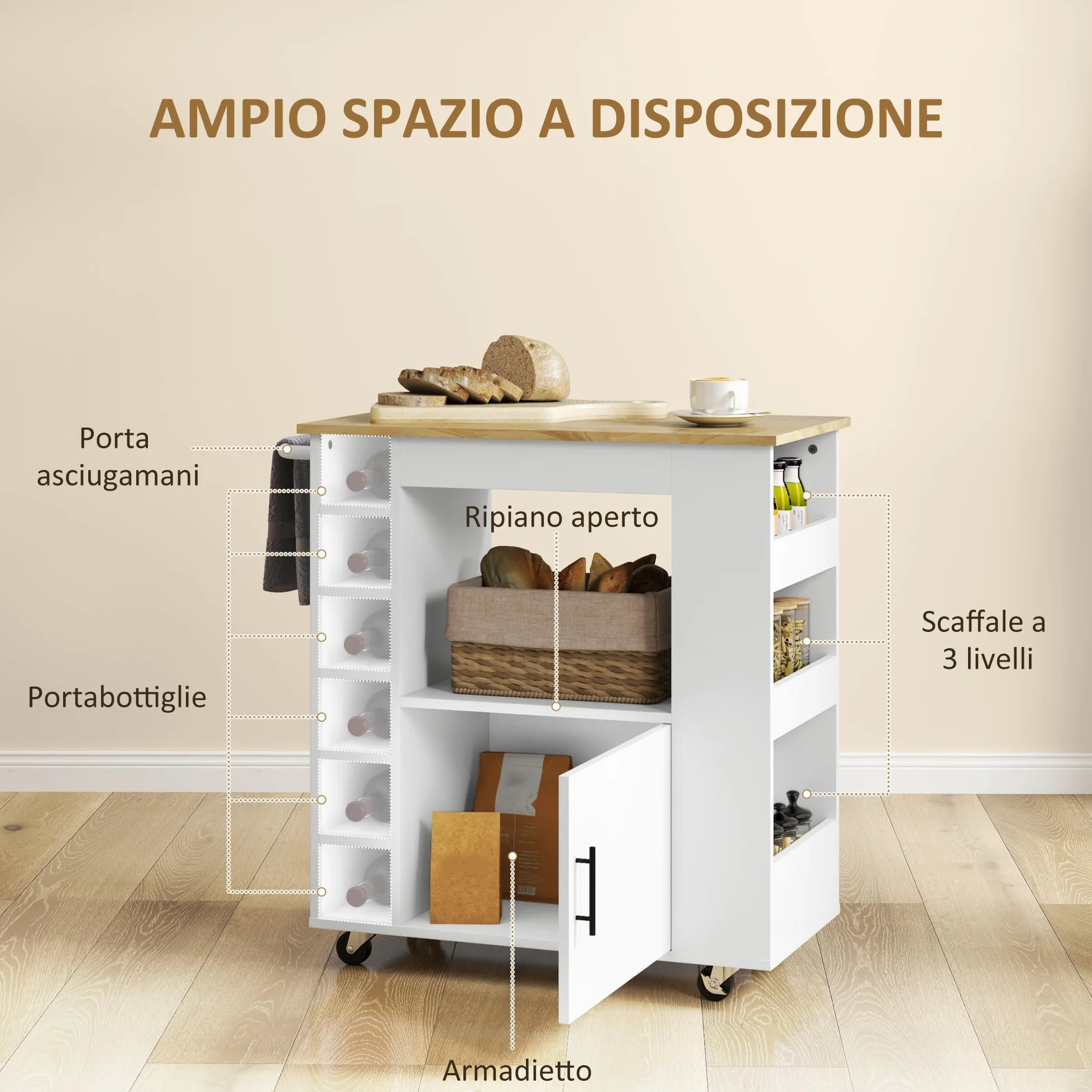 HOMCOM Carrello da Cucina con 6 Portabottiglie, 3 Ripiani Laterali e Armadietto con Cerniere Ammortizzate, Mobiletto Cucina con Portasciugamani e Piano in Legno di caucciù, 83x40x83cm, Rovere