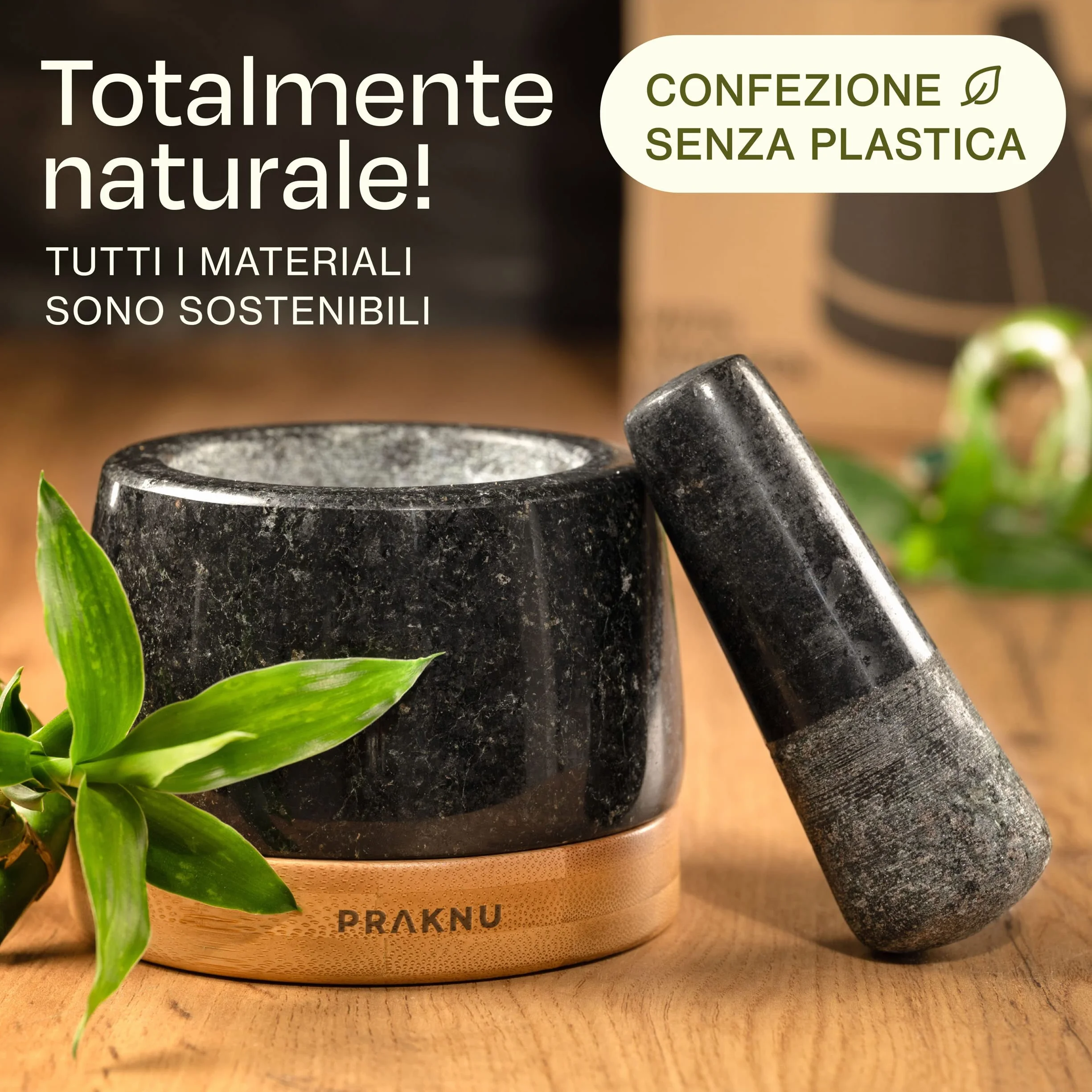 Mortaio con Pestello di Granito 120ml con Protezione per Superficie in Legno FSC®