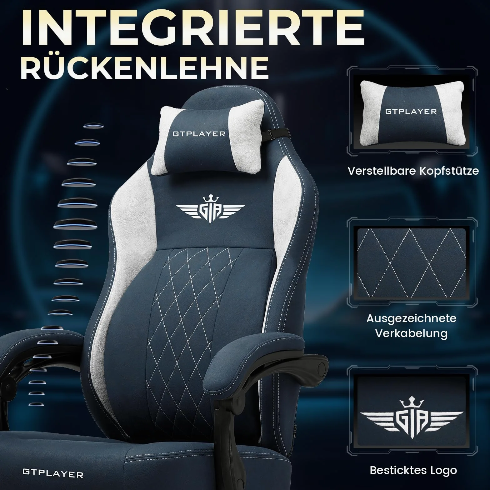 GTPLAYER Sedia da Gaming in Tessuto, Sedia da Ufficio con Supporto Lombare Integrato, da Ufficio, con Cuscino a Molla e Poggiapiedi, Schienale Ispessito, ergonomica per blu
