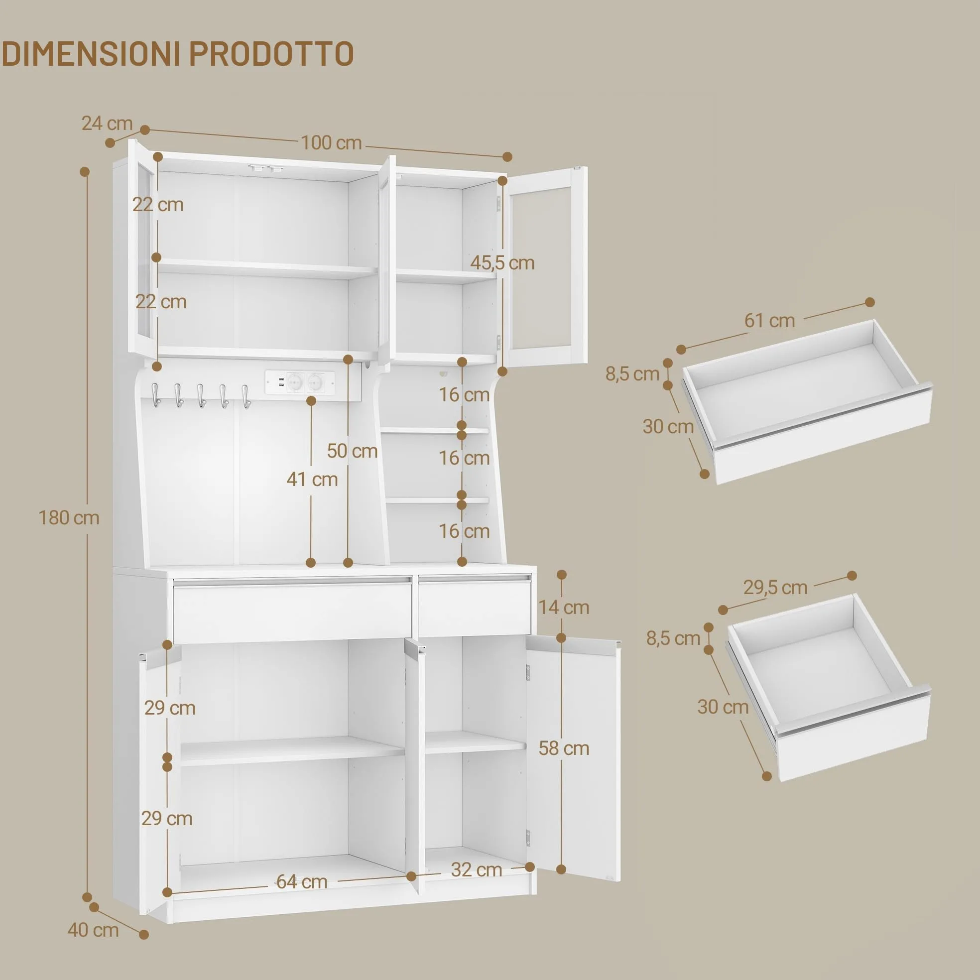 Hzuaneri Credenza cucina, mobile buffet, armadio domestico con multipresa e striscia luminosa a LED, piano di lavoro e 2 cassetti, ripiani regolabili, cucina, soggiorno, 40x100x180cm, Bianco
