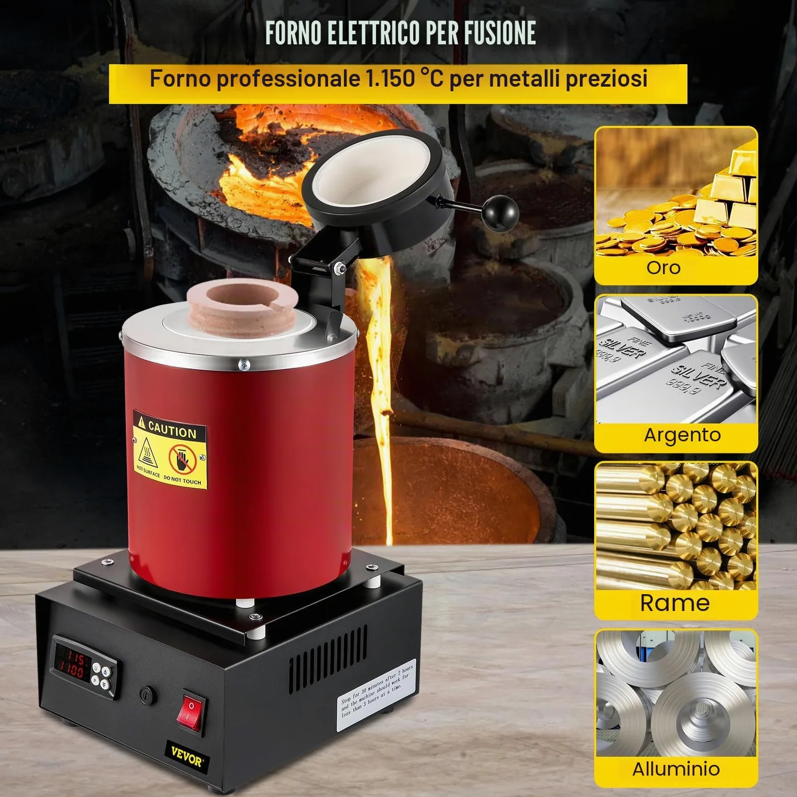 VEVOR Forno di Fusione per Oro 1350 W, Temperatura Max. 1150 ℃, Forno Fusorio Elettrico con Crogiolo in Ceramica da 3 kg, Matrice per Lingotti e Guanti, per Lavorazione di Oro, Argento