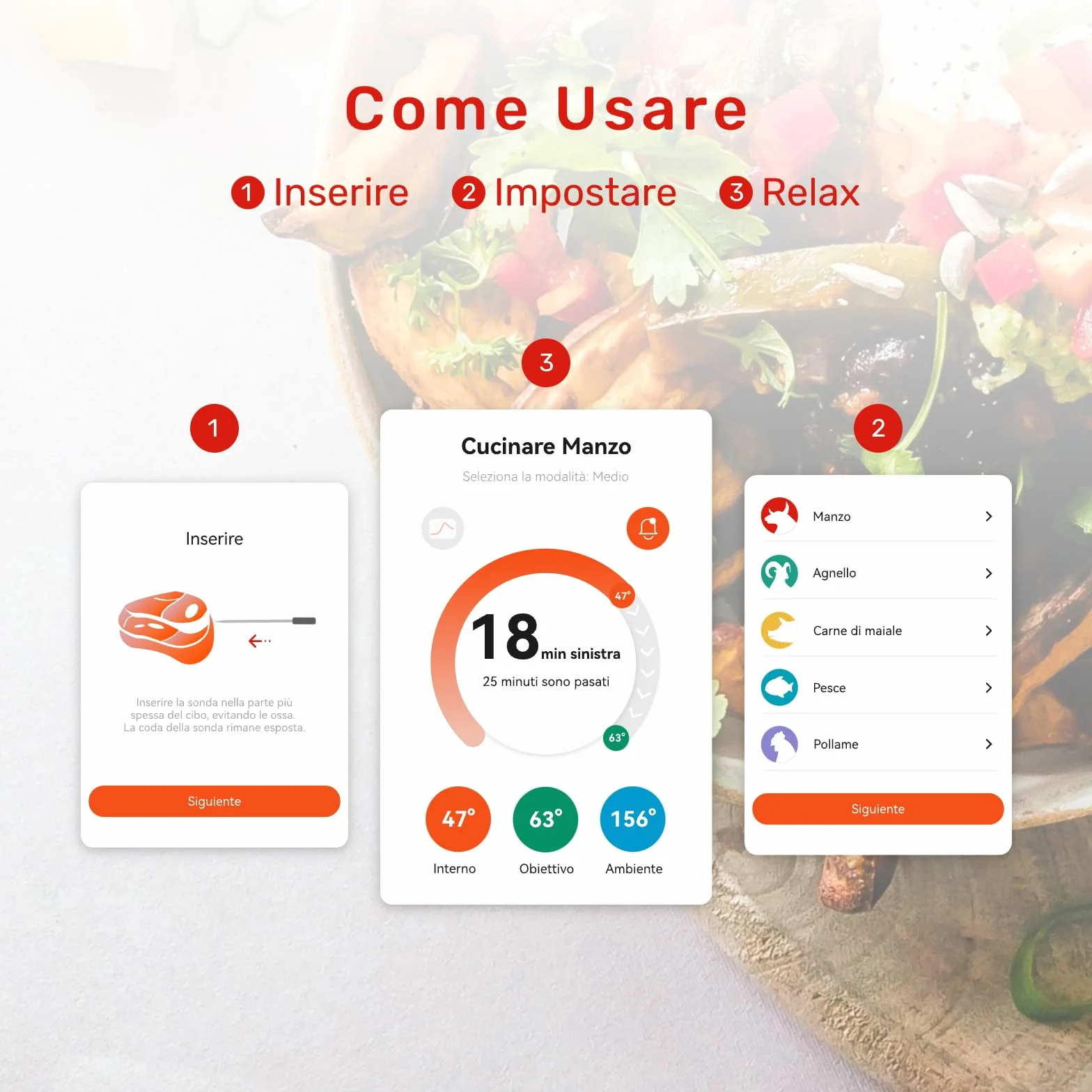 Termometro per carne Bluetooth 6 sensori IP69 impermeabile resistente all'olio precisione ±0,1°C monitoraggio app allarme