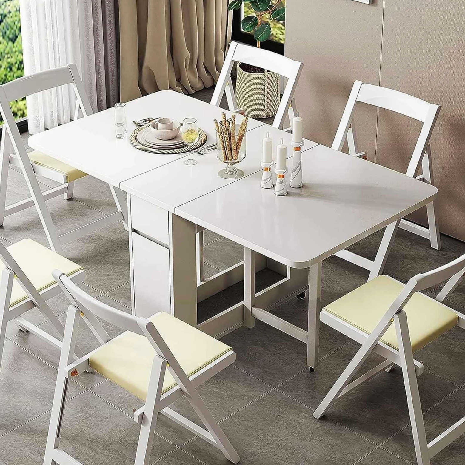 Set Tavolo da Pranzo Pieghevole in Legno Massello, Tavolo Industriale con Ribalte con 4 Sedie e Cassetto Tavoli Allungabili a Scomparsa Multifunzionali for Cucina Soggiorno(White)