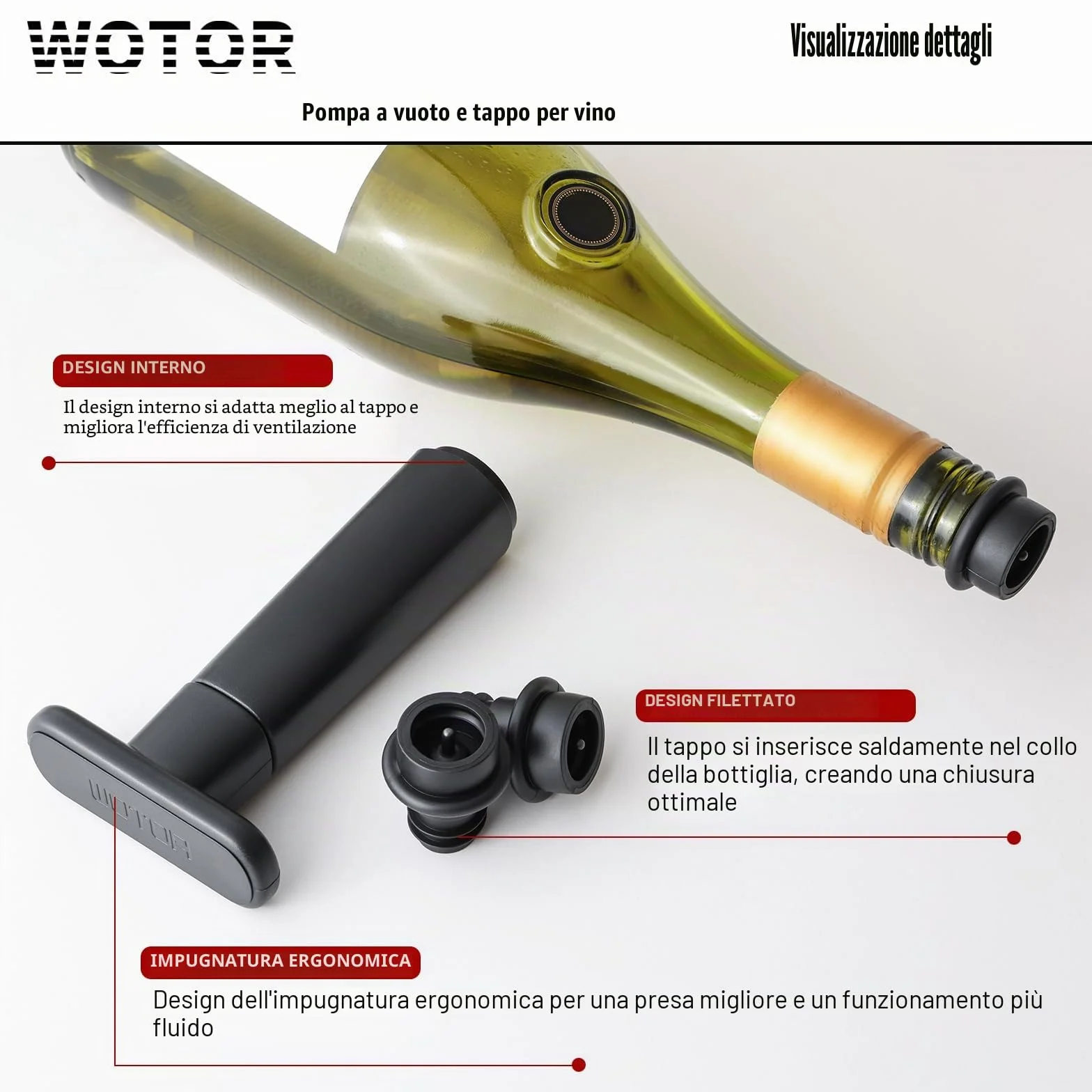WOTOR Pompa sottovuoto per vino con 4 tappi riutilizzabili