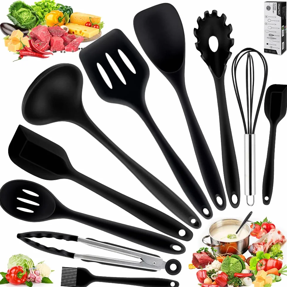 Utensili da Cucina in Silicone -10 Pezzi, Utensili da Cucina Resistenti al Calore Antiaderenti da Cucina(Spatola, Cucchiaio Scanalato, Forchetta per Pasta, Paletta, Pinza, Frusta, Pennello)