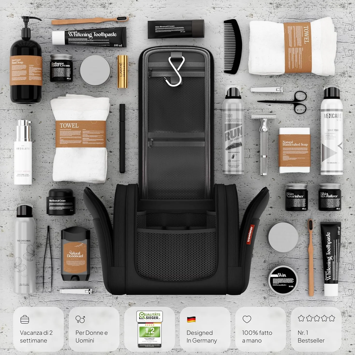 Travelaner® Borsa da Toilette Uomo e Donna 3-in-1 Beauty Case da Viaggio da Appendere 7L Impermeabile Nero