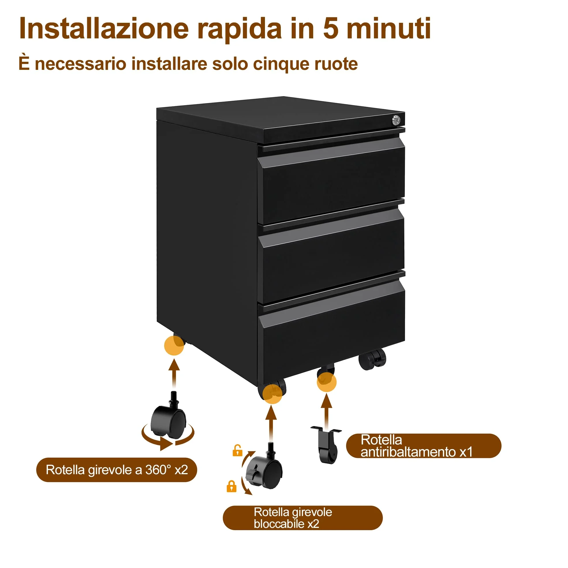 Cassettiera Scrivania Mobile, Cassettiera con Serratura, 4 Chiavi, 3 Cassetti, in Acciaio, Preassemblato, Nero