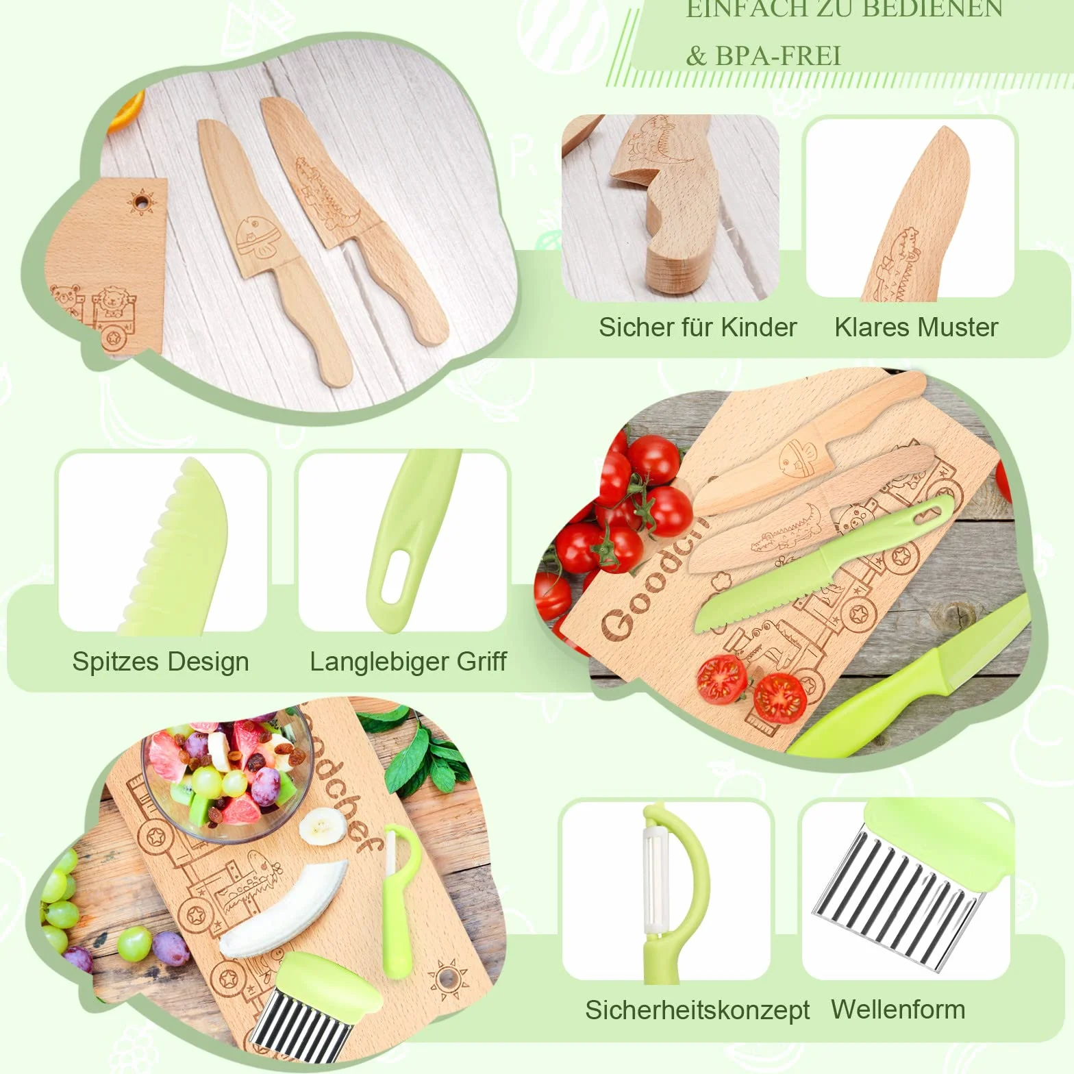 Set di 7 coltelli da cucina per bambini per tagliare e cucinare frutta o verdura, con coltello in legno, tagliere, pelapatate, piccolo tagliere per bambini
