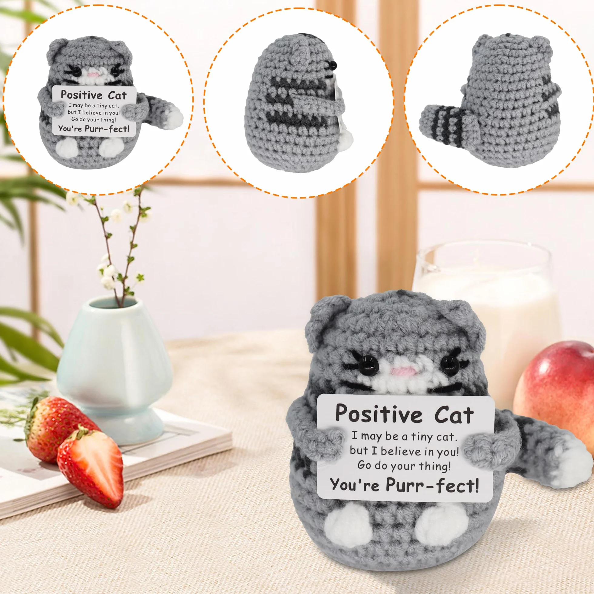 Pocket Hug - Bambola di Gatto Grigia Spessa in Lana Lavorata a Maglia Spessa Gatto Grigio con energia positiva, Idea Regalo per Ragazzi e Ragazze