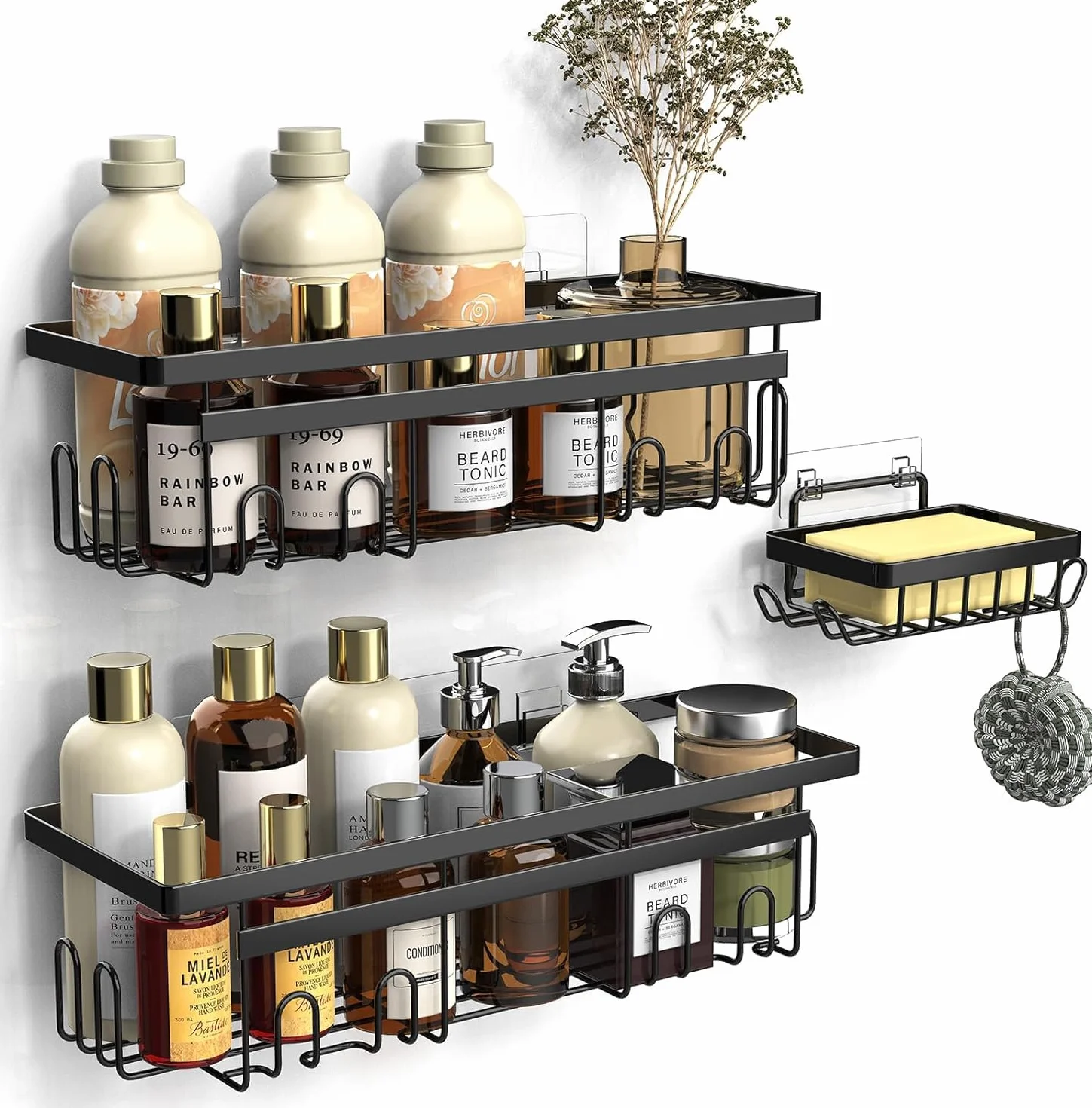 Mensola Doccia Senza Foratura 3 PCS con Porta Sapone Ganci Antiruggine Accessorio Bagno Nero