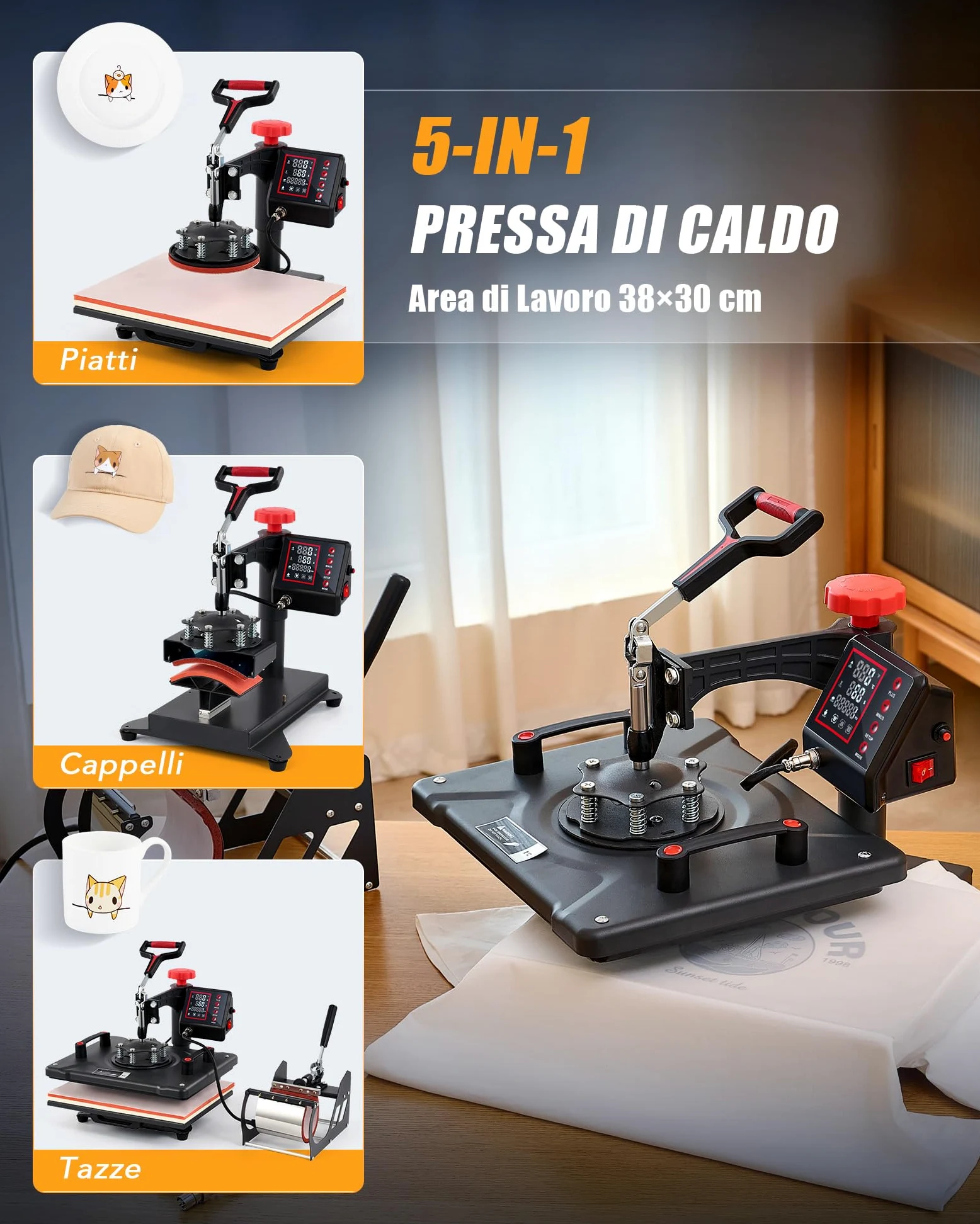 CREWORKS 5 IN1 Pressa a Caldo 30 X 38CM 1250W Pressa a Calore Macchina Sublimazione Digitale Rotazione a 360 Gradi Trasferimento Multifunzione con Termopressa per Magliette Cappellini T-Shirt Tazze