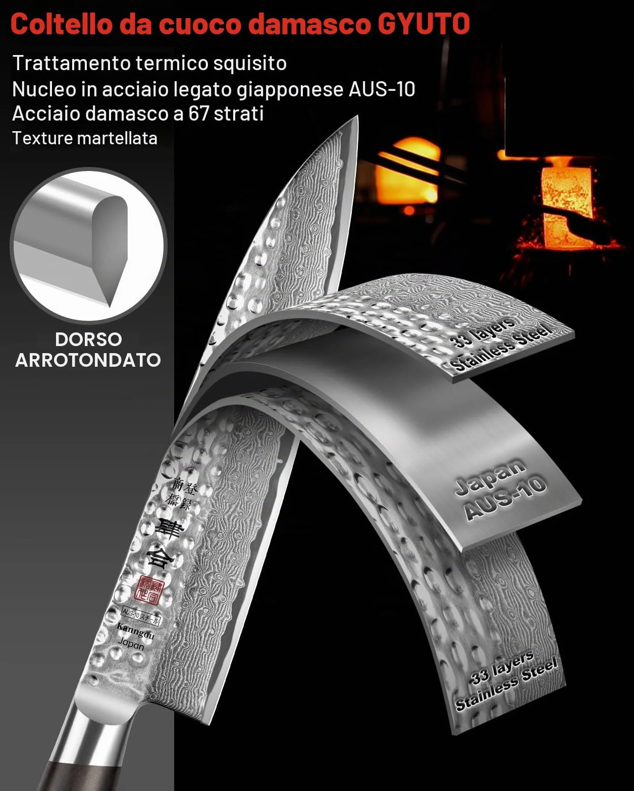 Kanngou Coltello Giapponese Damas 21 cm Coltello Gyuto in Acciaio Damasco 67 Strati, Manico in Legno di Ebano Piena Seta, Coltello da Cucina Professionale con Cofanetto Regalo Premium