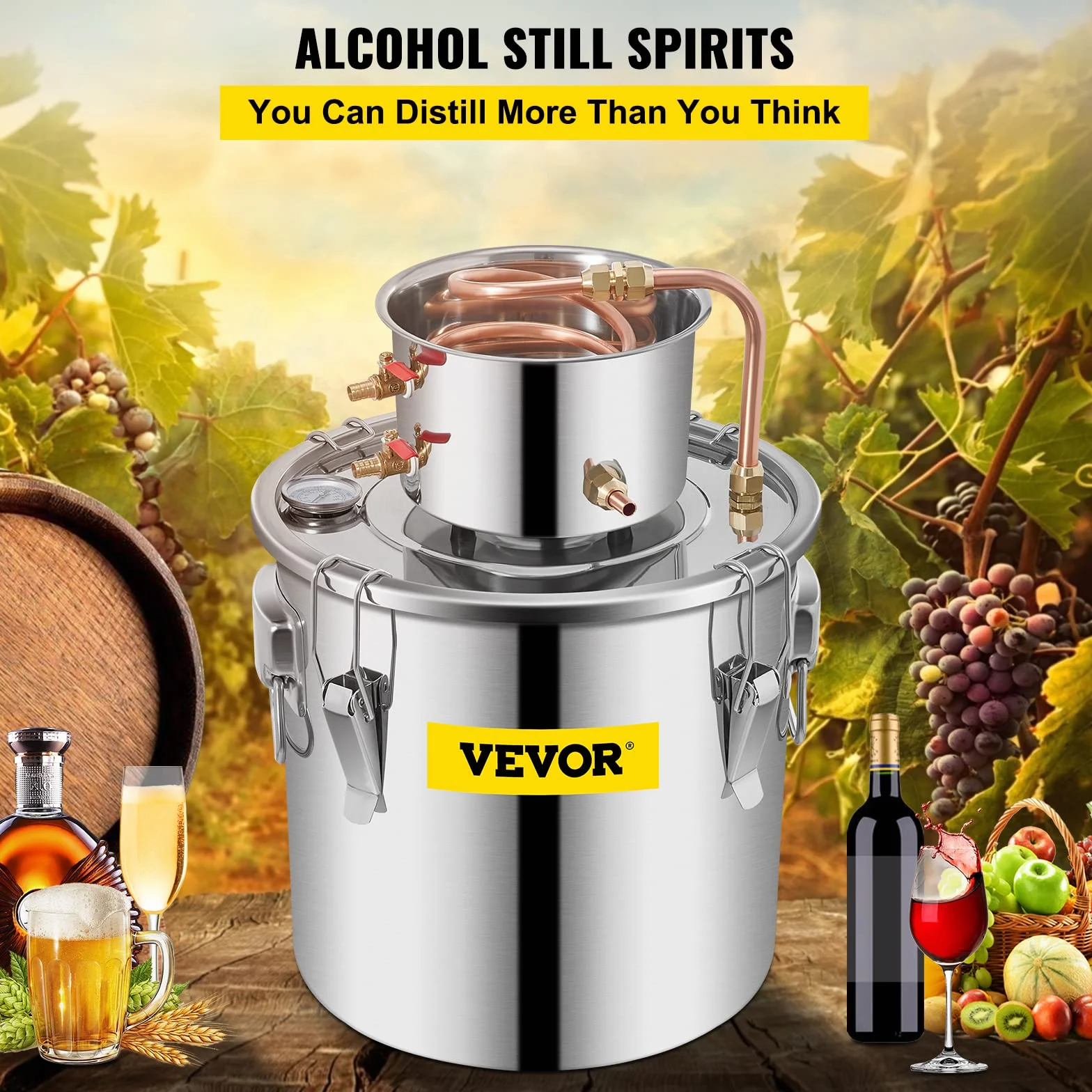VEVOR Kit di Distillatore Alambicco in Acciaio Inox Rame Puro Materiale per Uso Alimentare Capienza del Serbatoio 30L, Kit Distillatore 35 x 35 cm per Liquore Acqua Distillata Vino con Pompa d'Acqua