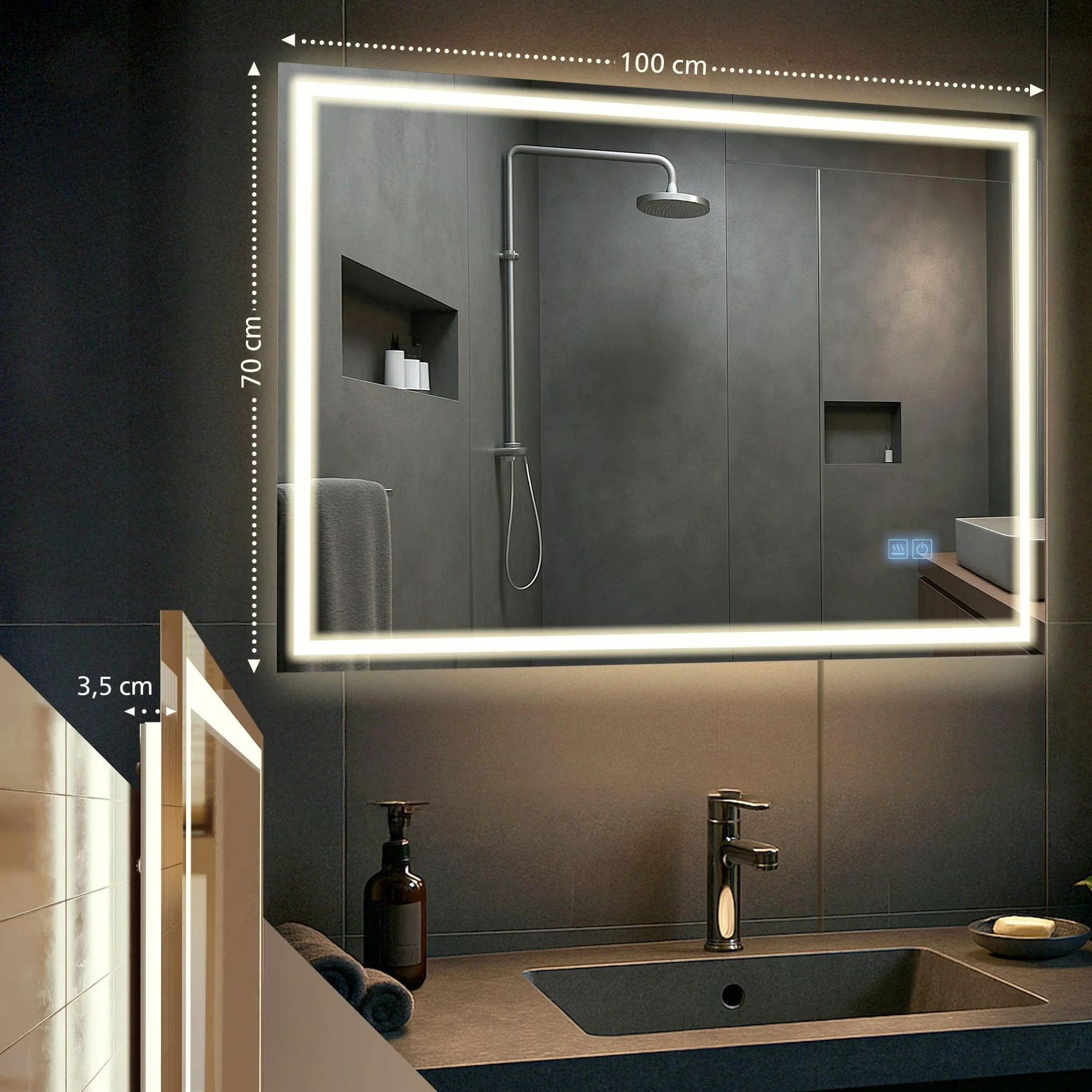 CLP Specchio da bagno Jaffrey, altoparlante Bluetooth, antiappannamento, specchio da parete con illuminazione a LED, dimmerabile, Dimensione:70x100 cm