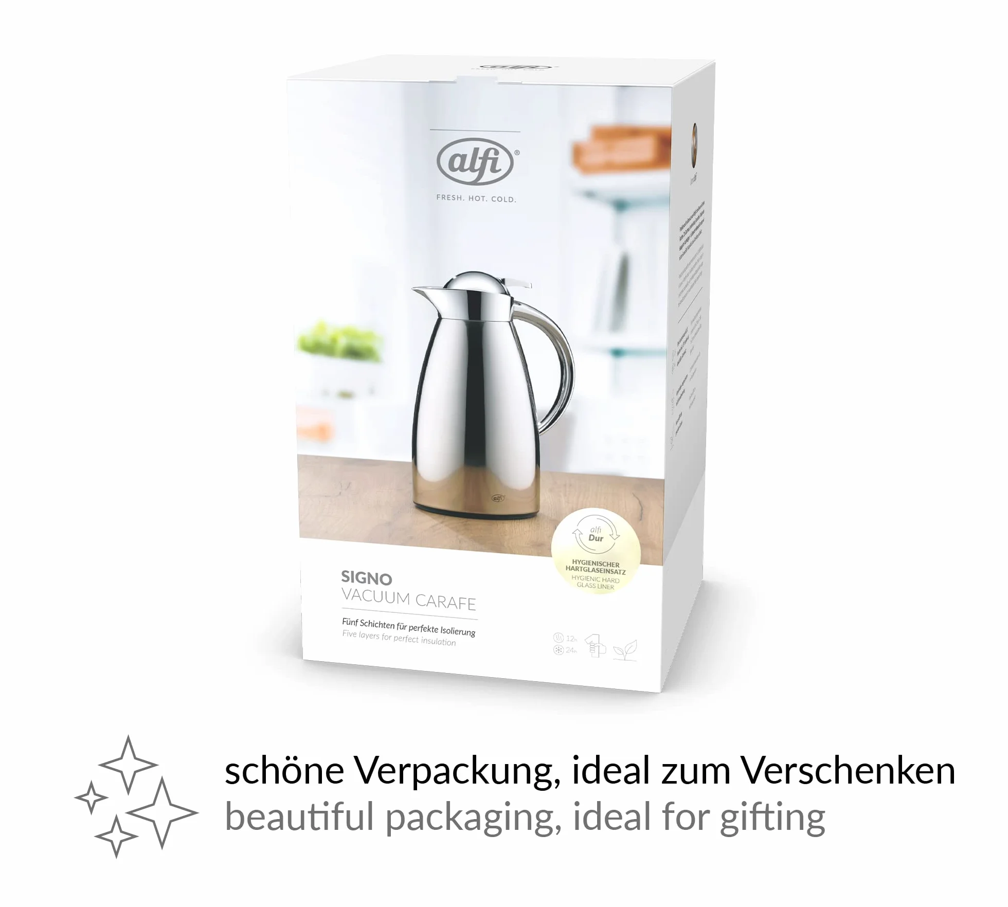 alfi SIGNO - Caraffa termica in acciaio INOX con inserto igienico in vetro temperato, chiusura a vite con comodo pulsante, impugnatura ergonomica, con una sola mano, ideale come caffettiera da caffè,