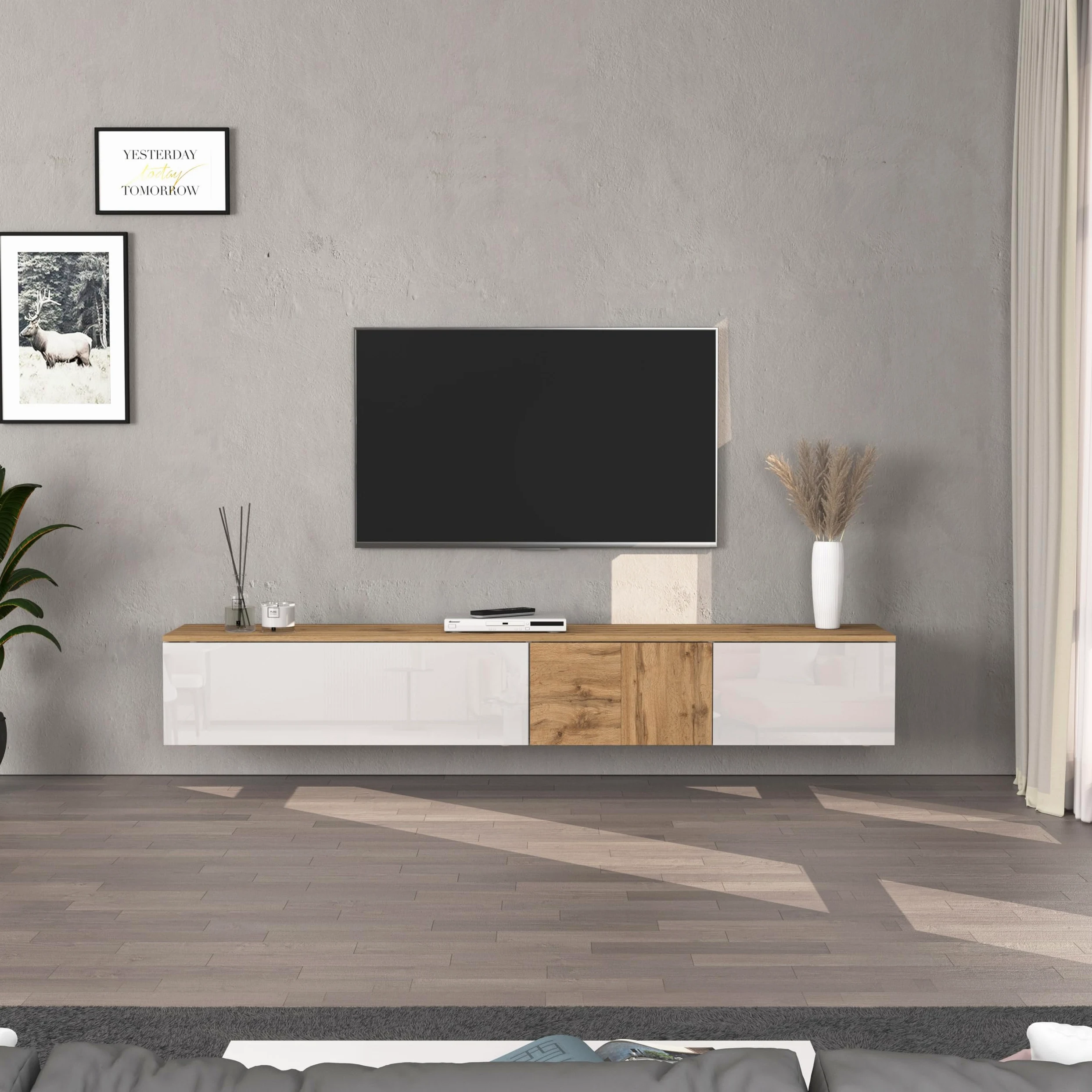 WHOUS Mobile Porta TV Sospeso ISEO per Soggiorno con 2 Ante e 1 a Ribalta, Mobile Tv a Parete per Salotto, 200x35x30 cm, Bianco Lucido e Rovere