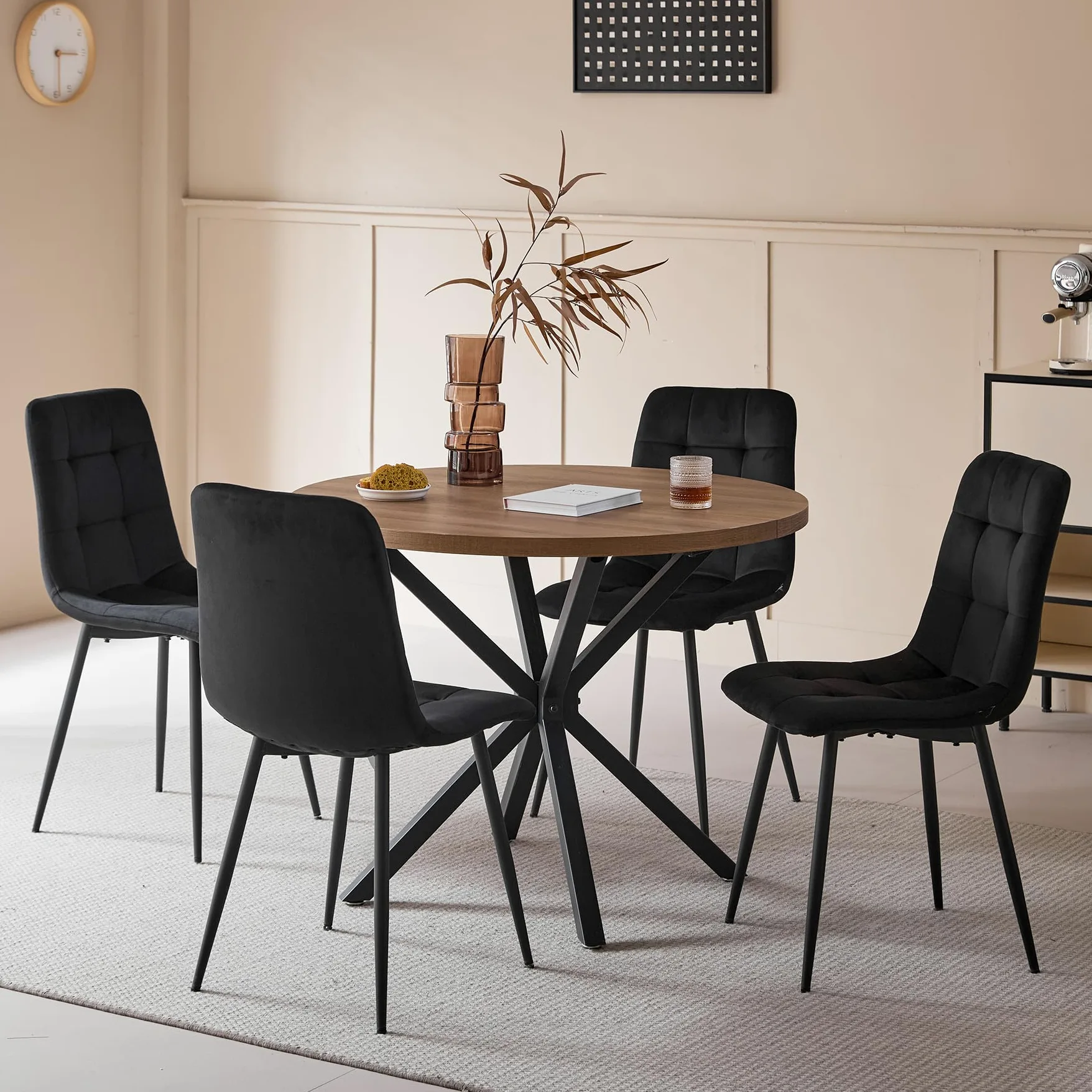 Set Sala da Pranzo, Tavolo da Pranzo Rotondo 100cm con 4 Sedia da Pranzo Imbottita in Vello Olandese, Ideale per Cucina, Soggiorno, Sala da Pranzo (Legno Scuro+Nero (Vello Olandese))