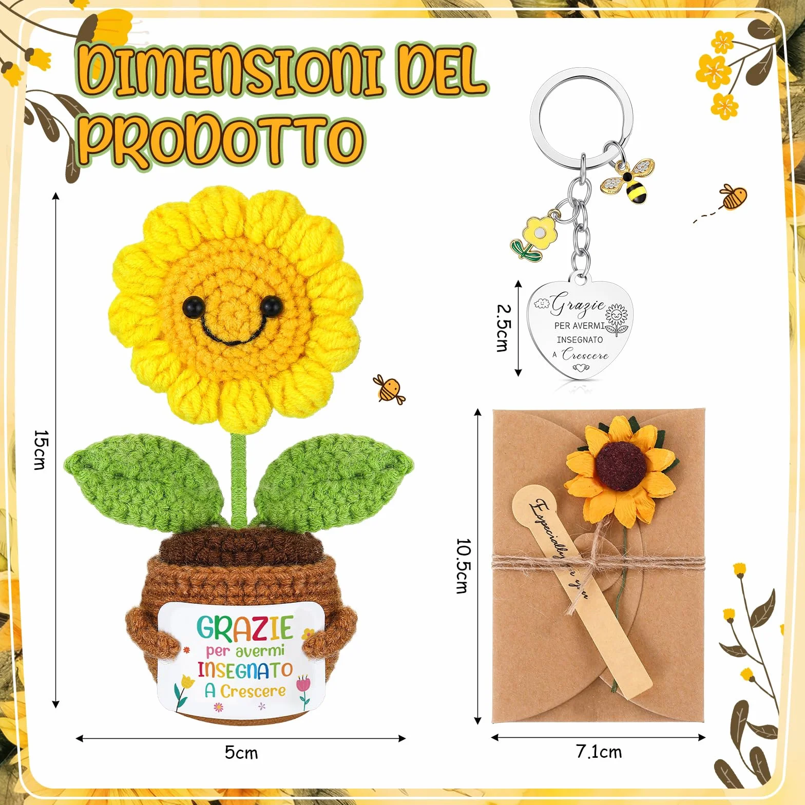 Zomiboo 2 Set Regali di Apprezzamento per Insegnanti Geazie per Avermi Insegnato a Crescere Bambola Girasole Positiva Portachiavi Maestra Biglietti di Auguri con Fiori Secchi Regalo Maestre Asilo