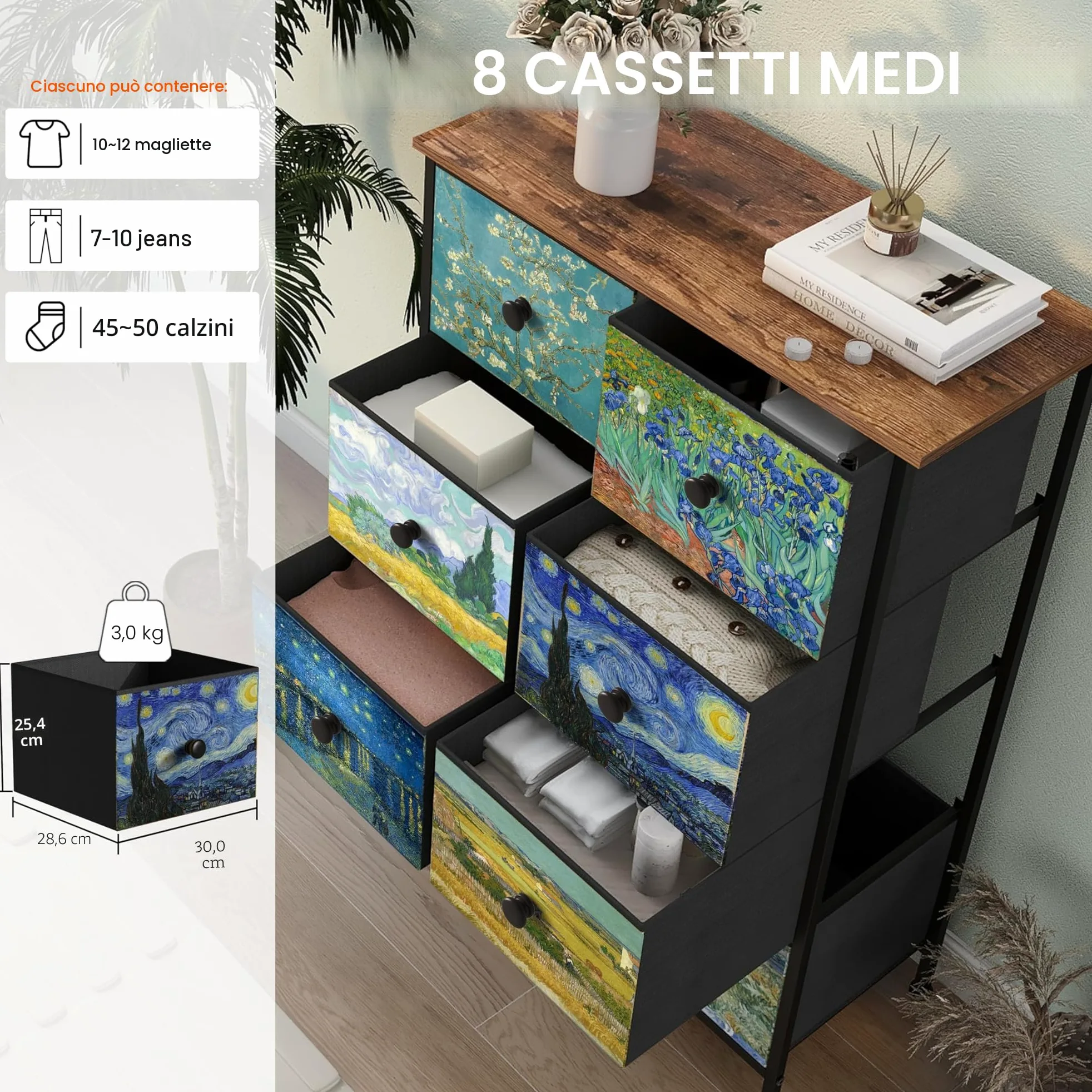VEDECASA - Cassettiera sottile, alta, con 8 cassetti , motivo Van Gogh, per cameretta dei bambini, soggiorno, corridoio, camera da letto, ufficio, struttura in metallo e pannello in legno