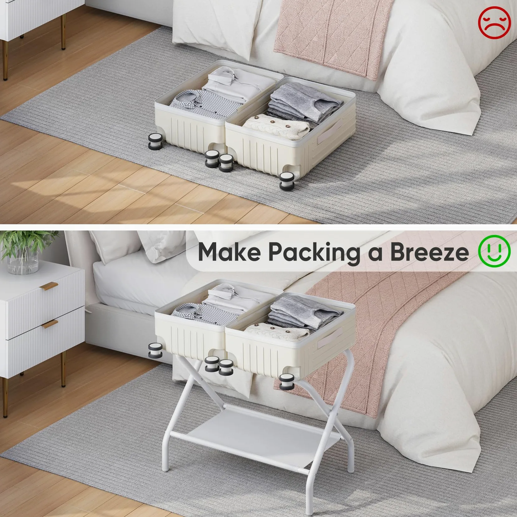 Smart FENDEE Confezione da 2 supporti pieghevoli per valigie con ripiano in tessuto, in acciaio, portatile, per camera degli ospiti, camera da letto, hotel, facile da montare, portata fino a 50 kg,