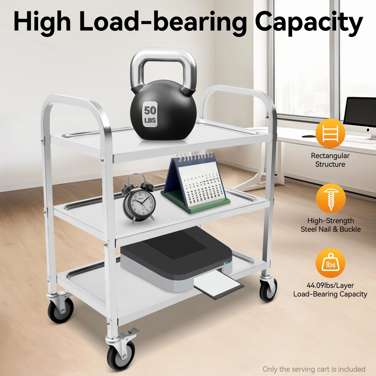 Carrello da portata a 3 ripiani, in acciaio inox con ruote e freni, 75 x 40 cm, carrello da cucina arrotolabile, portata 20 kg per livello, per ristorante, cucina e casa