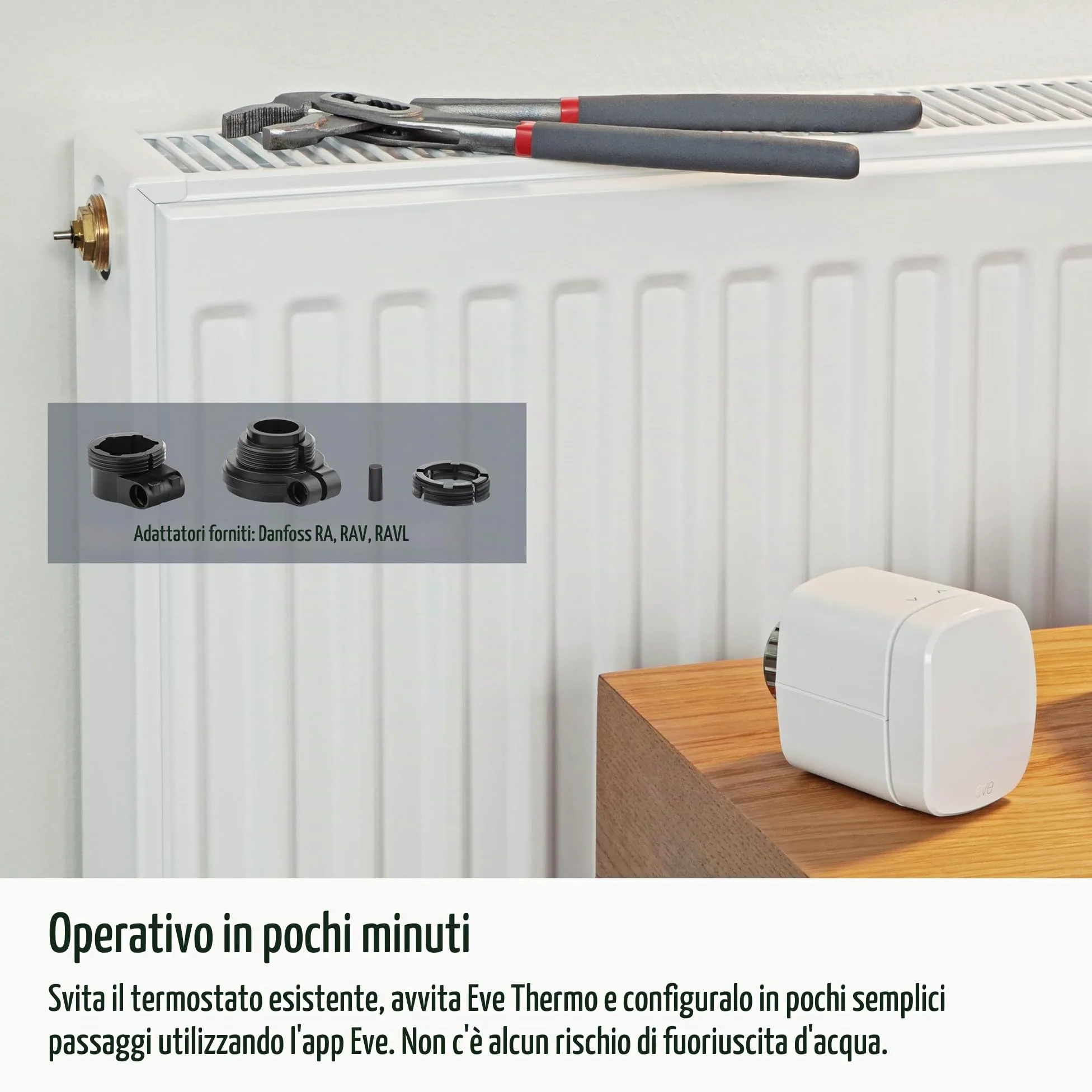 Eve Thermo (Matter, 4ª gen) set di 4: valvola termostatica intelligente, controllo automatico della temperatura, richiede Alexa, Apple Home, SmartThings o Google Home. necessario Thread Border Router