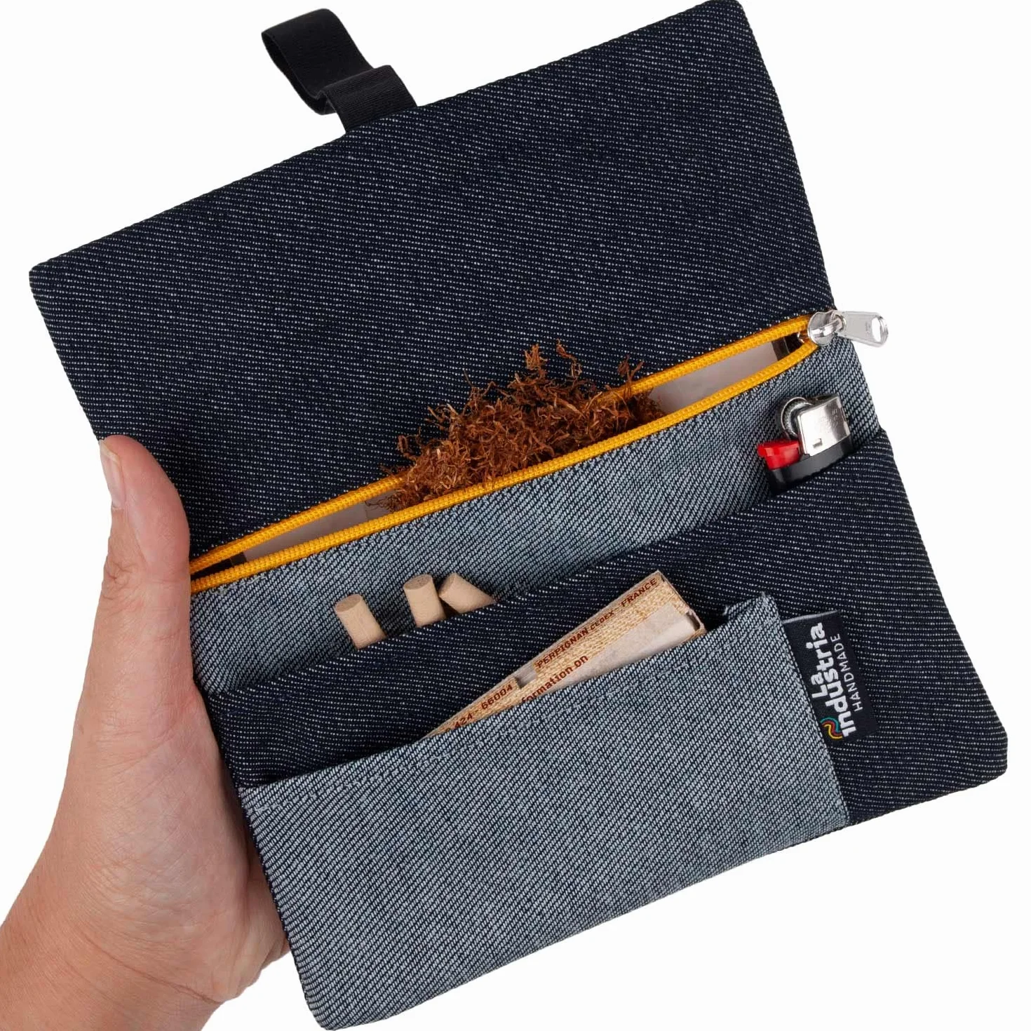 Portatabacco in Tessuto Jeans Denim Astuccio Porta Tabacco Cartine Filtri Accendino Cerniera Gialla