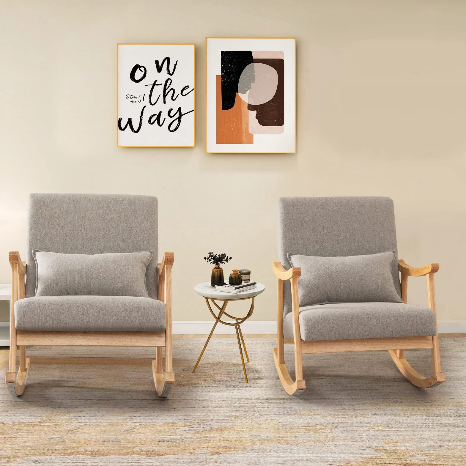 COSTWAY Sedia a Dondolo con Cuscino, Poltrona Dondolo Interno Ergonomica con Schienale Alto, Seduta Imbottito, in Legno di Gomma, per Soggiorno e Camera da Letto (Grigio)