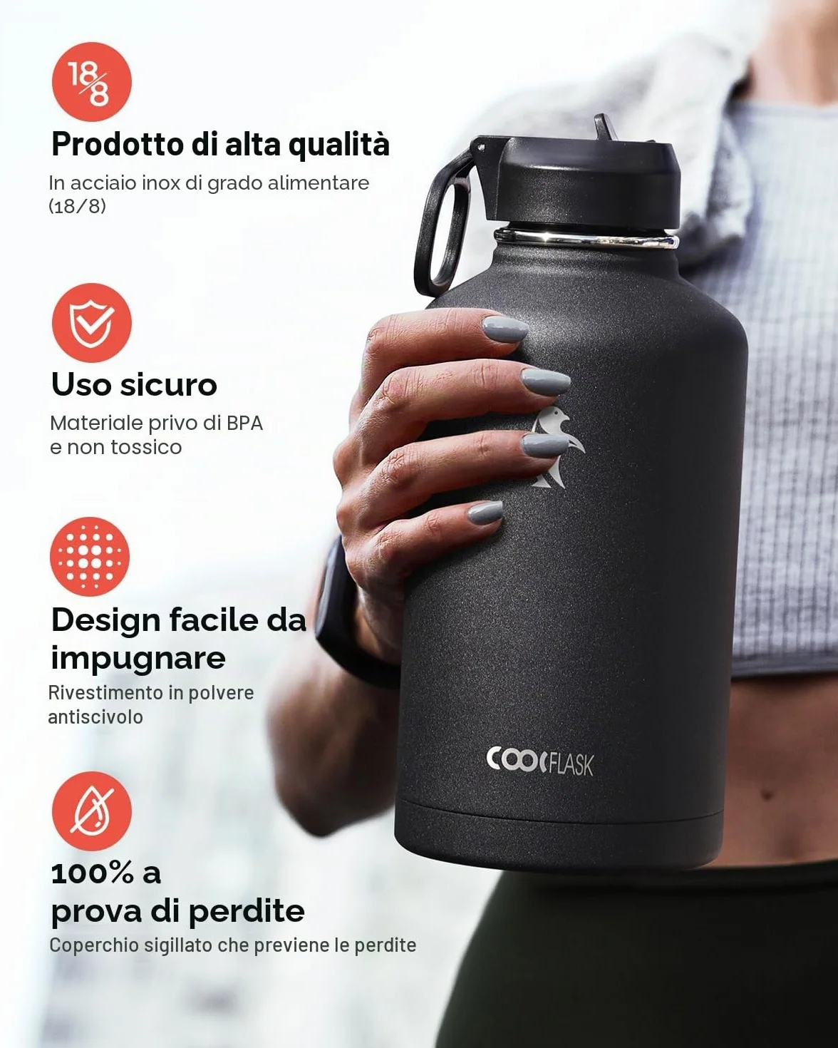Coolflask Bottiglia D'acqua Isolata 2L con Cannuccia e 3 Coperchi - Doppia Parete Sottovuoto, Nero