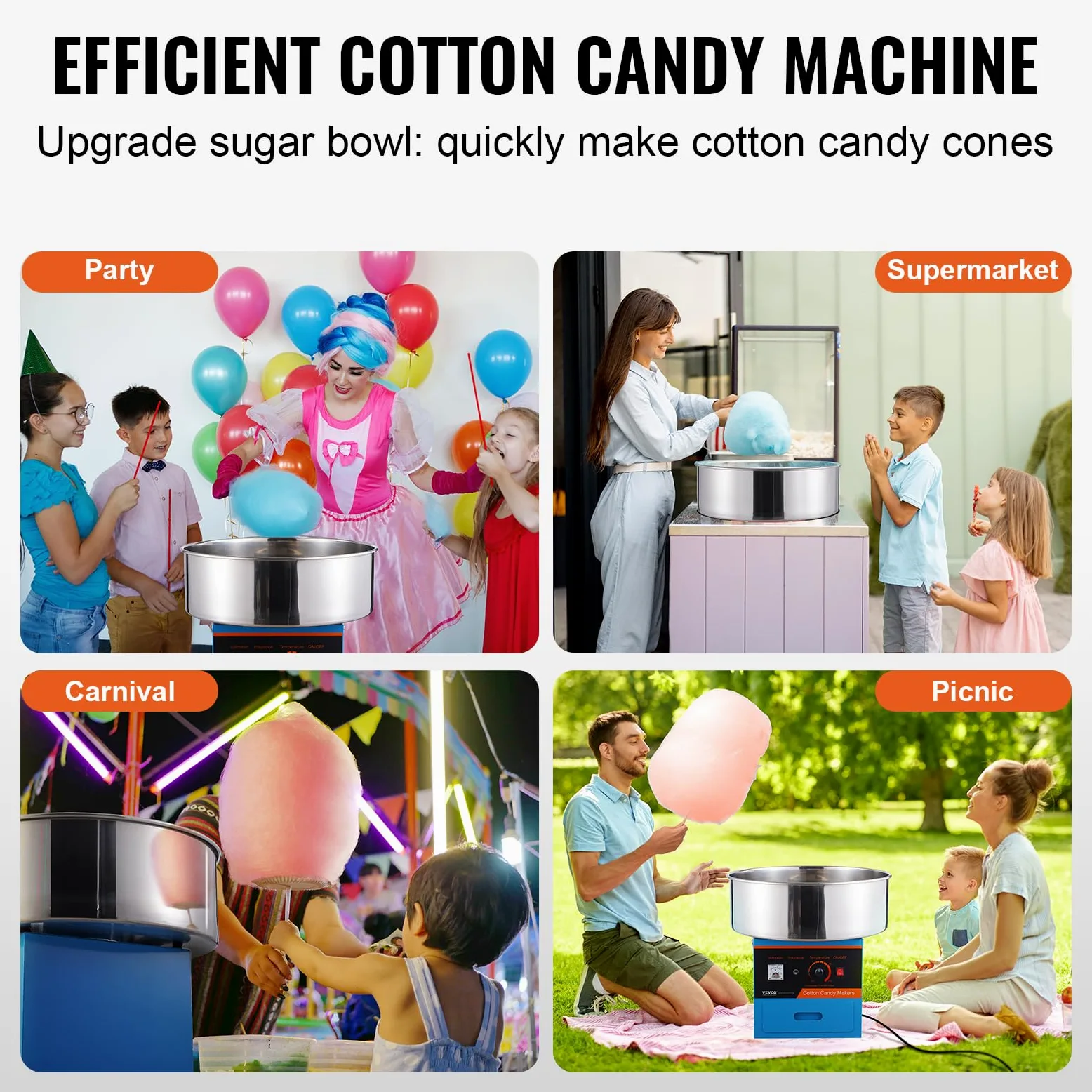 VEVOR Macchina Zucchero Filato Elettrica 1000 W Macchina Zucchero Filato Commerciale, con Ciotola in Acciaio Inossidabile, Paletta per Zucchero, Cassetto, per Compleanno di Bambini, Feste in Famiglia