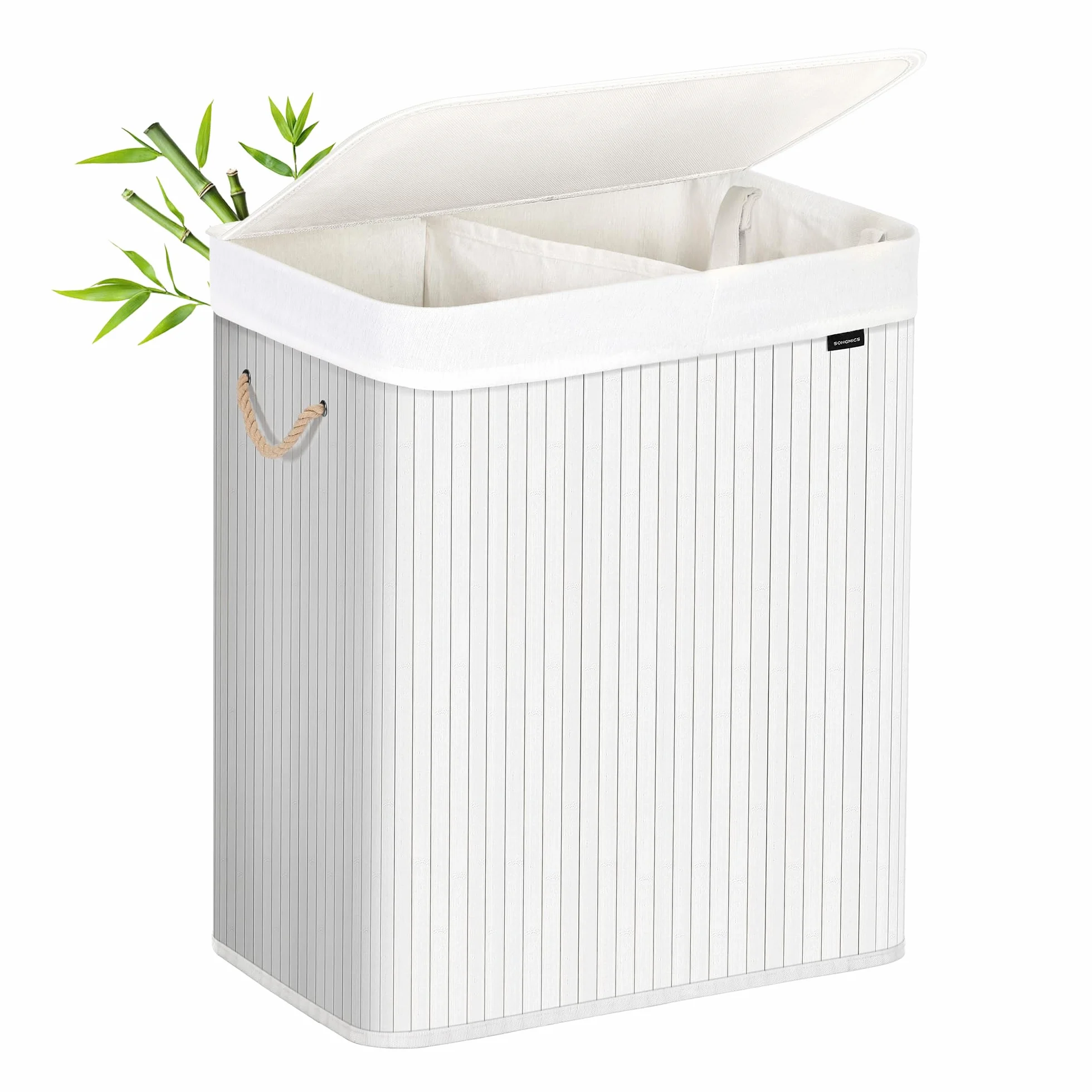 SONGMICS Cesto Portabiancheria, 100 L, Cesta Biancheria a 2 Scomparti in Bambù, Coperchio, Maniglie, Pieghevole, Sacco Rimovibile e Lavabile in Lavatrice, Lavanderia, Casa, Bagno, Bianco LCB64WT