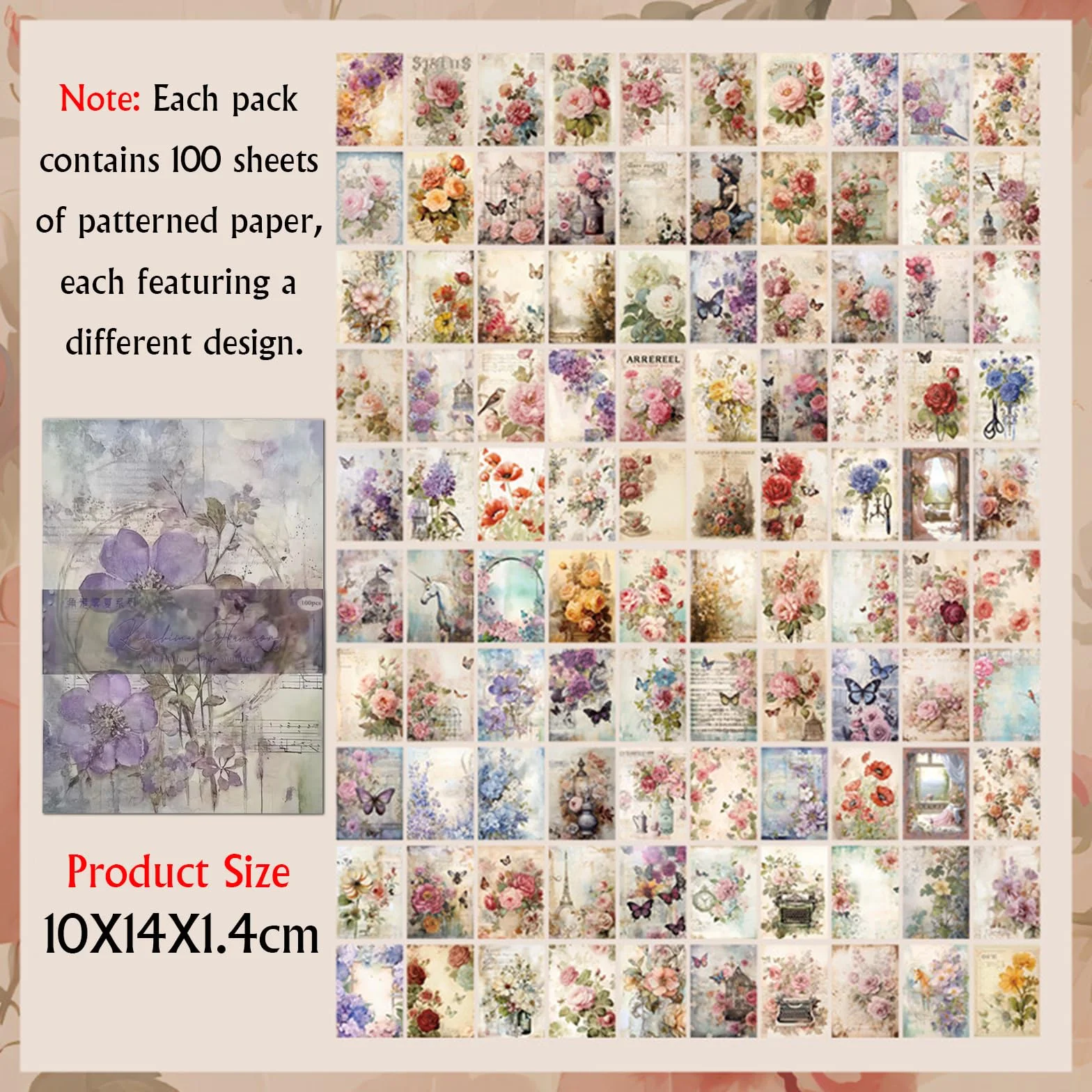 Carta Scrapbooking Floreale 100 Fogli 14x10cm Riso per Decoupage Vintage Junk Journal