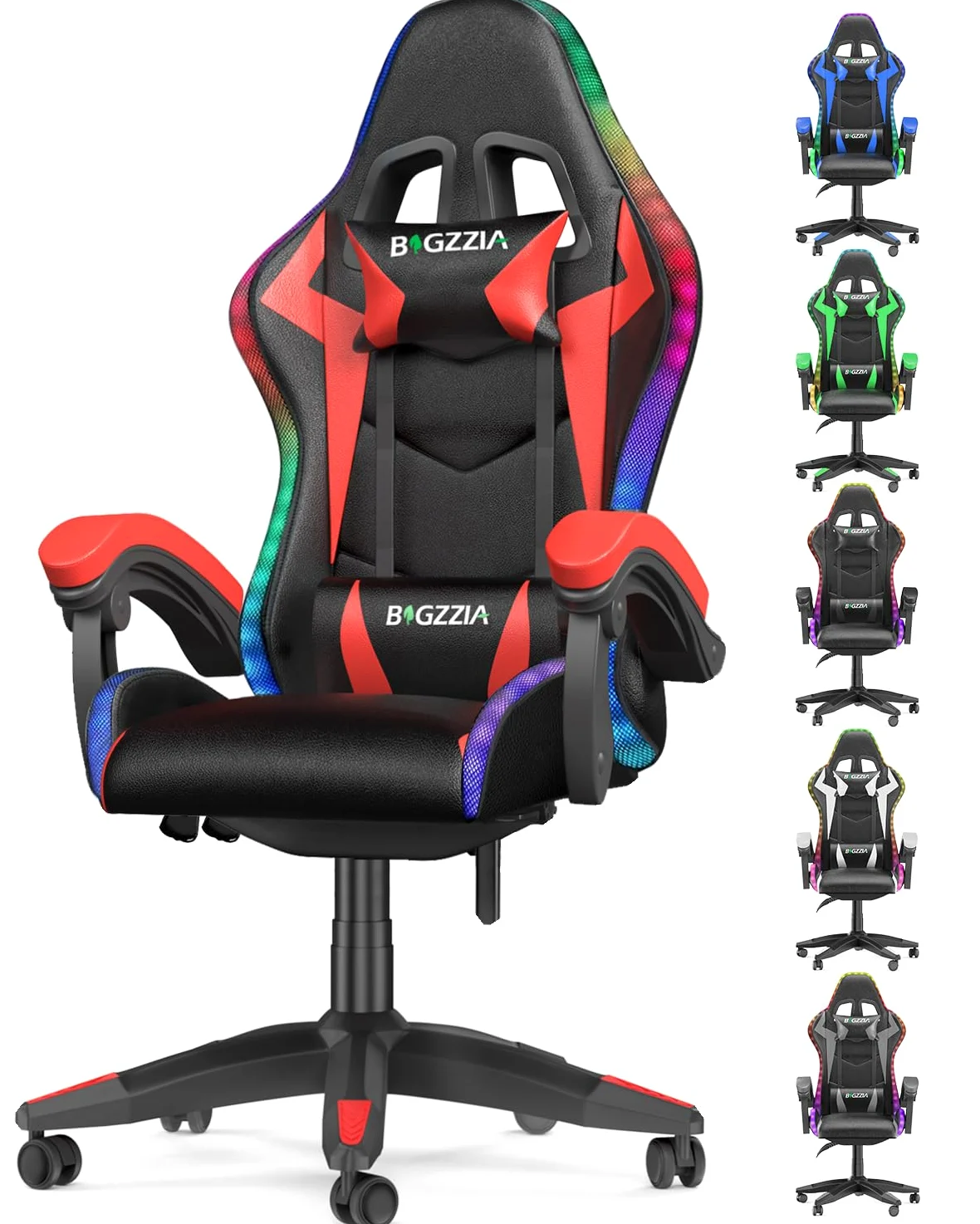 bigzzia Sedia Gaming RGB con Luci LED E Sedia Ergonomica Per Computer Per Videogiochi Reclinabile con Schienale Alto in Pelle Pu con Poggiatesta (Utilizzo di RGB, Rosso)