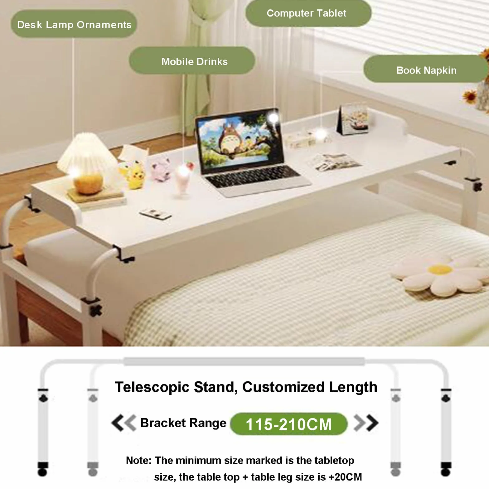 Tavolino da Salotto Scrivania Portatile, Tavolino per Laptop con 4 Ruote Bloccabili 115-210CM per la Lettura/Colazione per Letto o Divano a Rotelle(Color:Nero)