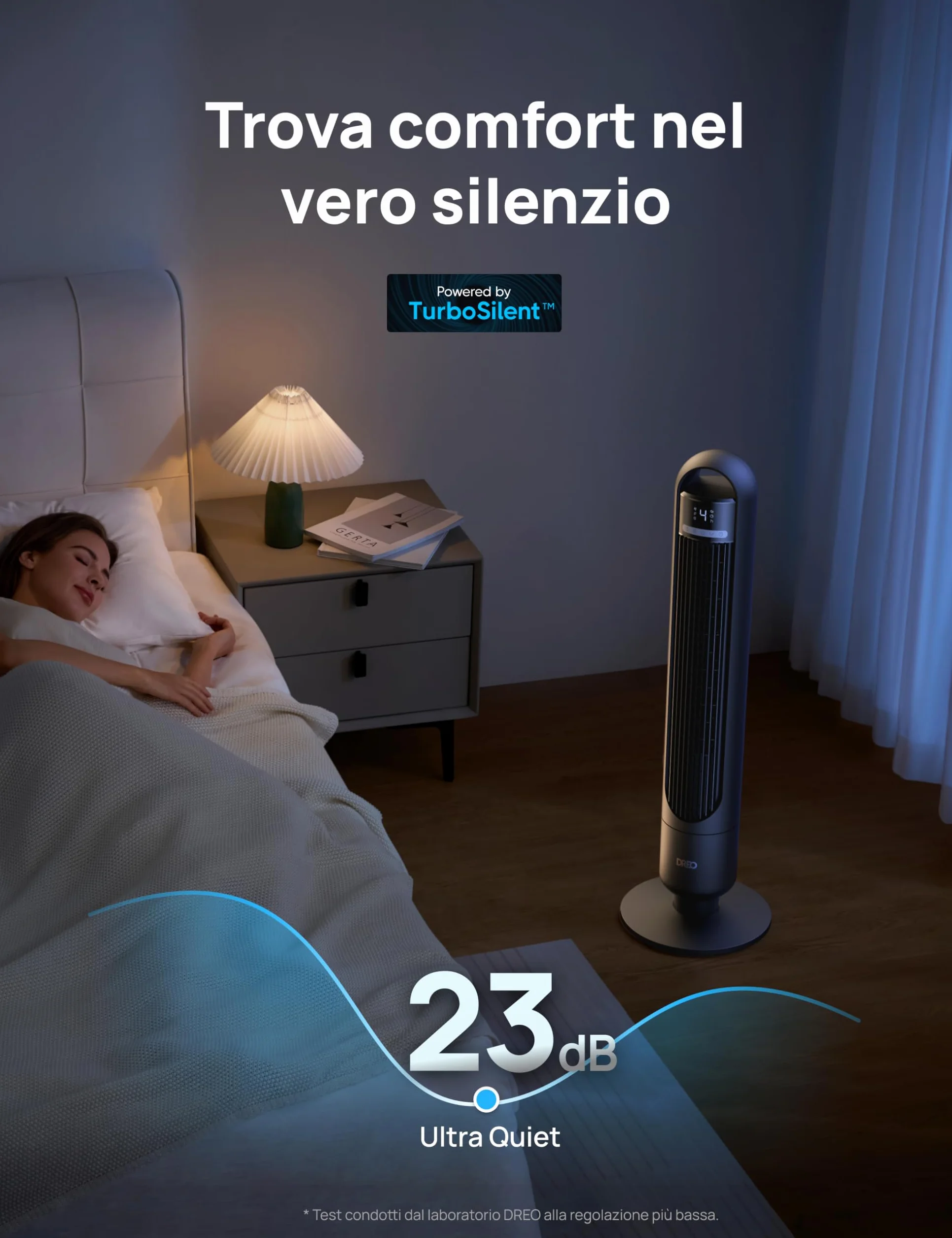 DREO Ventilatore a torre silenzioso da 23 dB, distanza di lancio, 9.8 m, ventilatore con 4 livelli di velocità, 3 modalità, timer da 8 ore, oscillante a 90°, ventilatore a colonna per camera da letto