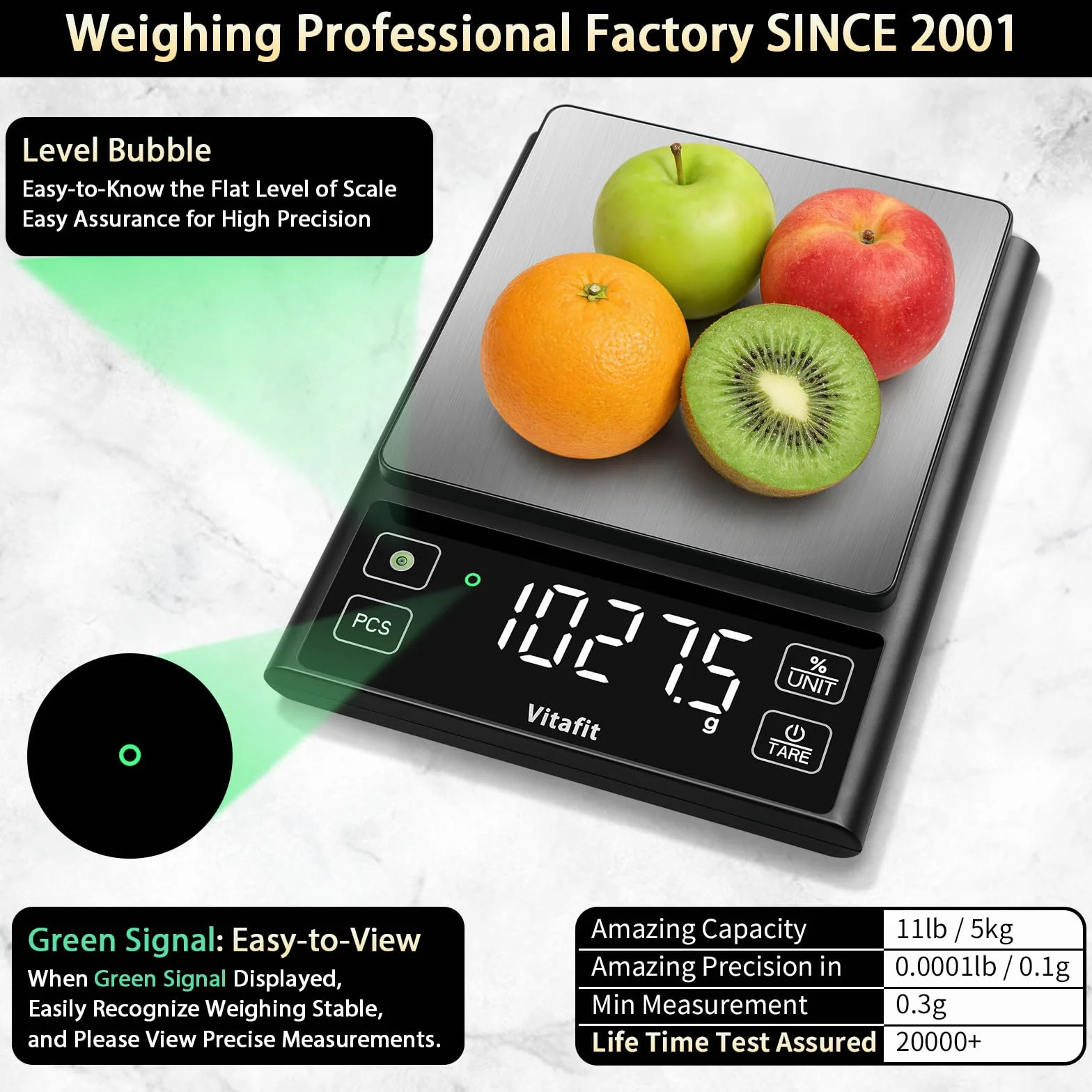 Vitafit 5kg Bilancia Cucina Digitale, Precisione 0.1g dalla Nostra Bilancia Fabbrica Professionale Dal 2001, Bilancia Alimentare Funzione Percentuale per cucinare & caffè, Acciaio Inox, LED, Nero