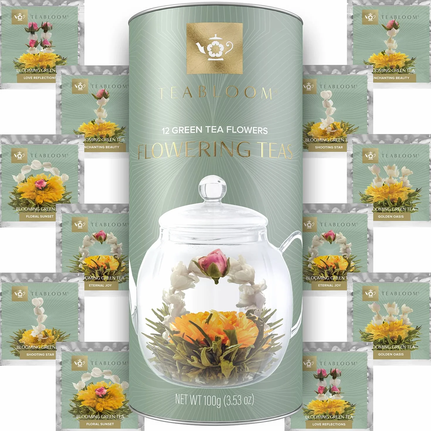 Teabloom Set Completo Fiori di Tè: Teiera in Vetro Borosilicato, 12 Fiori, Riscalda Teiera, 4 Tazze Vetro Doppio Strato, Infusore Tè