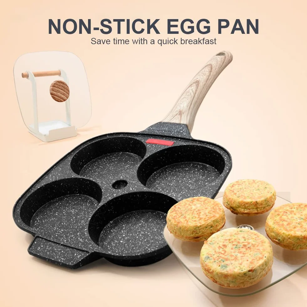 Pankache Padella, Padella Pancake con Coperchio Antiaderente Padella per Frittata a 4 Fori in Alluminio Per Colazione Hamburger Uova Fritte, per Induzione e Gas (Nero)