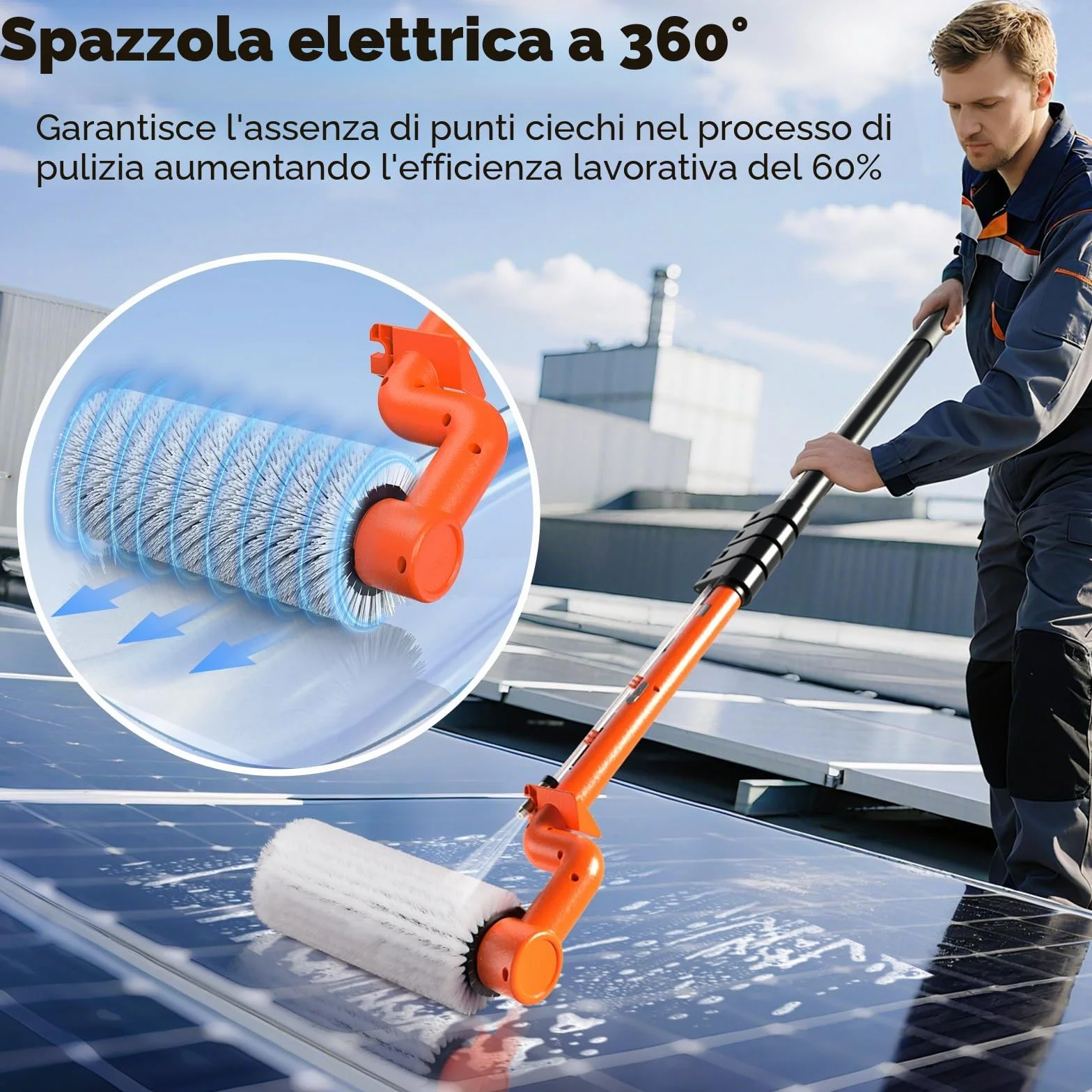 Spazzola elettrica telescopica con manico telescopico, 6,5 m, per la pulizia dell'impianto PV, spazzola per il lavaggio | aste telescopiche estensibili per la pulizia di finestre, tetto della